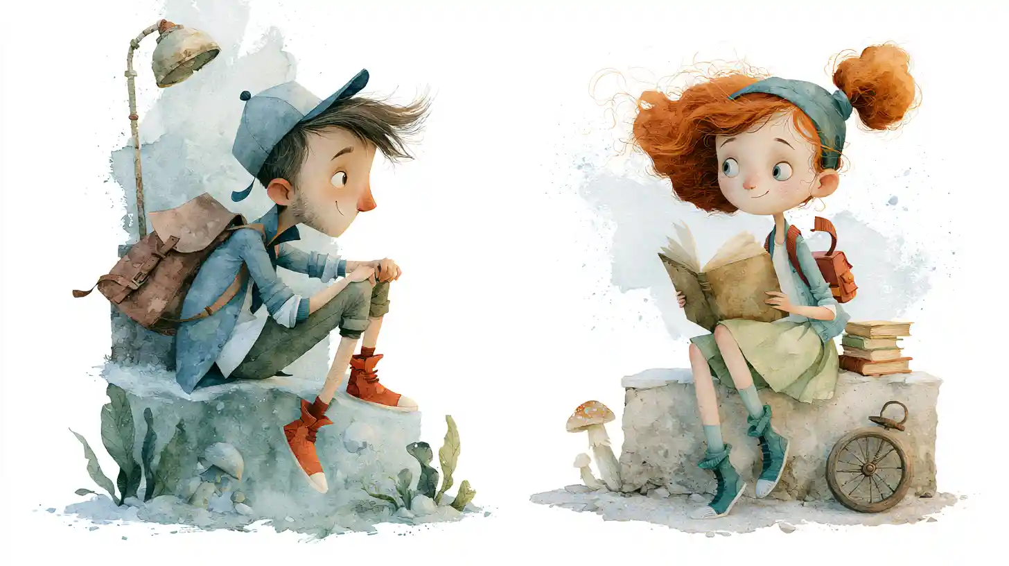 Watercolor children in quirky poses celebrating warm friendship