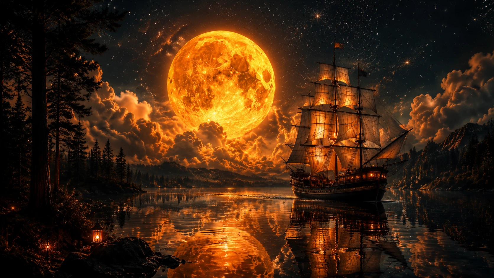 Lago nocturno surreal con luna brillante y barco luminoso