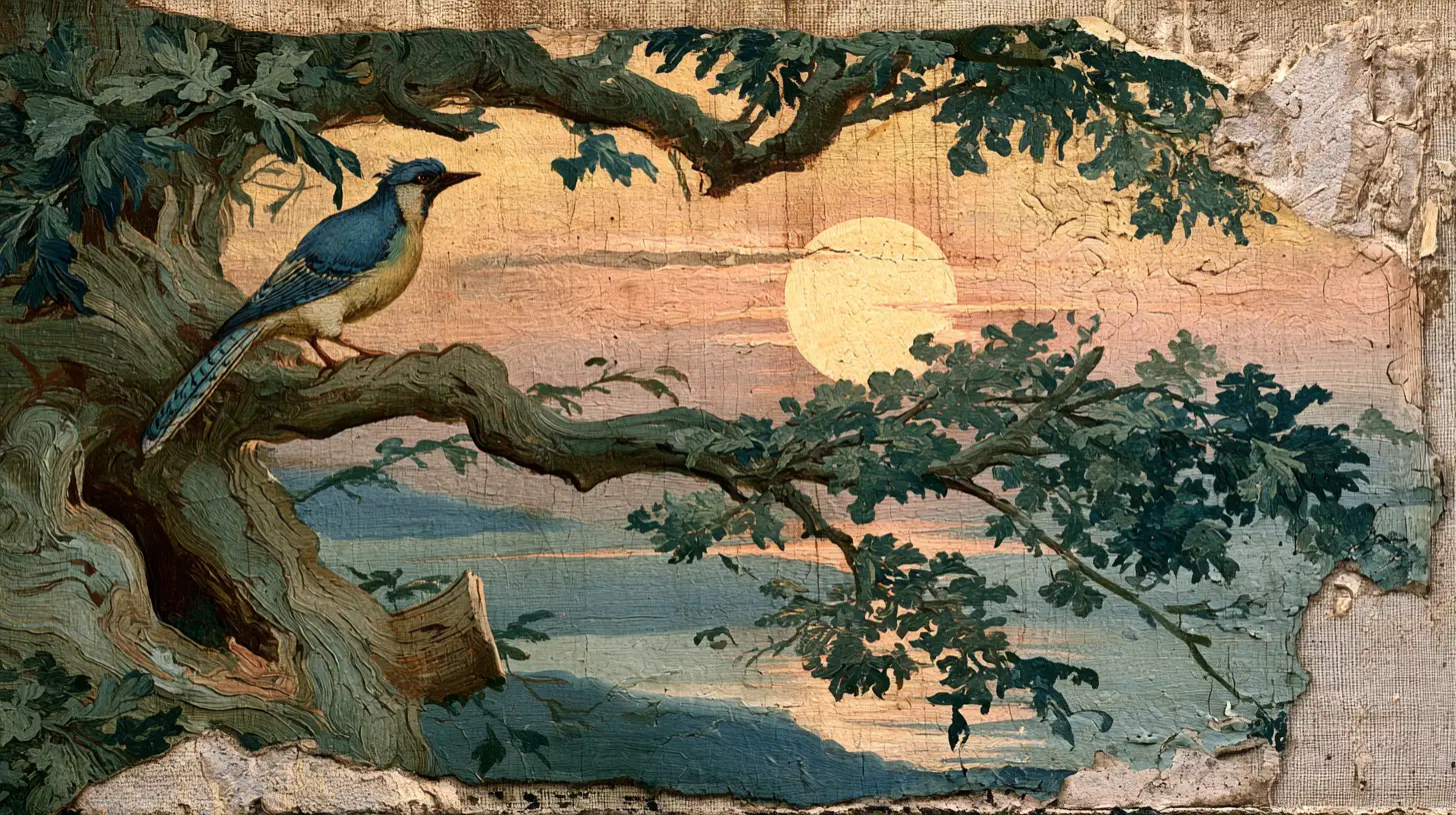 Ghiandaia azzurra su ramo di antico quercia in stile pittura a olio