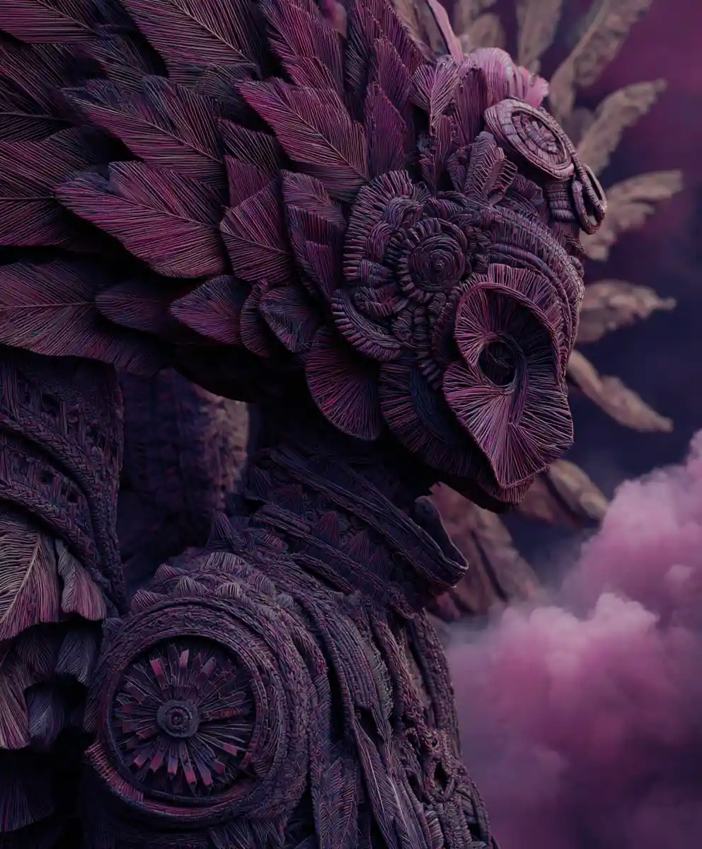 Surreal angelic woman with threadlike body in purple haze