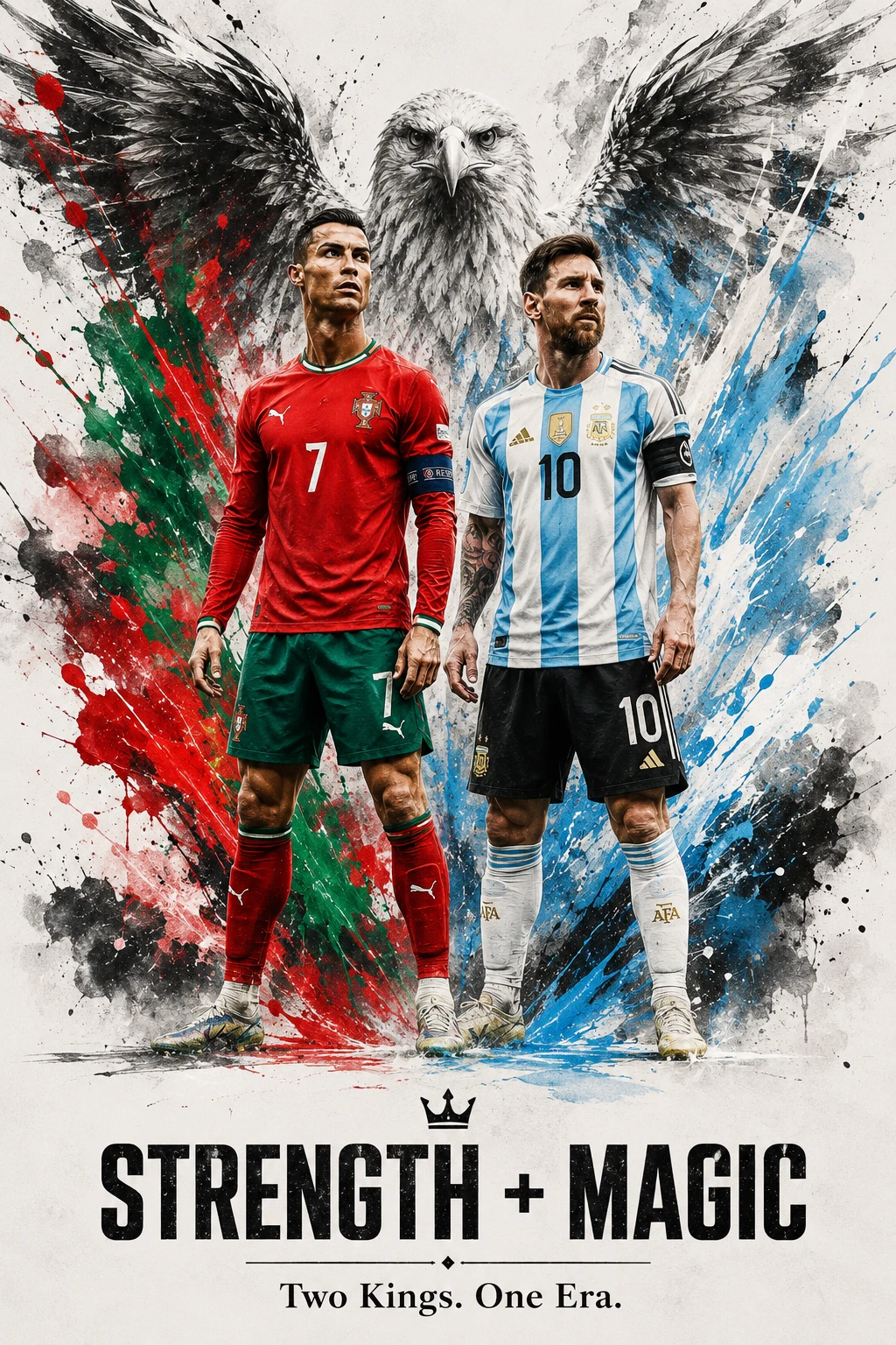 Two legendary footballers with spirit eagle and paint splashes