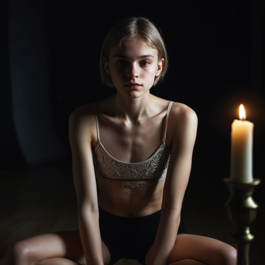 Joven arrodillada en estudio oscuro con tenue luz de vela