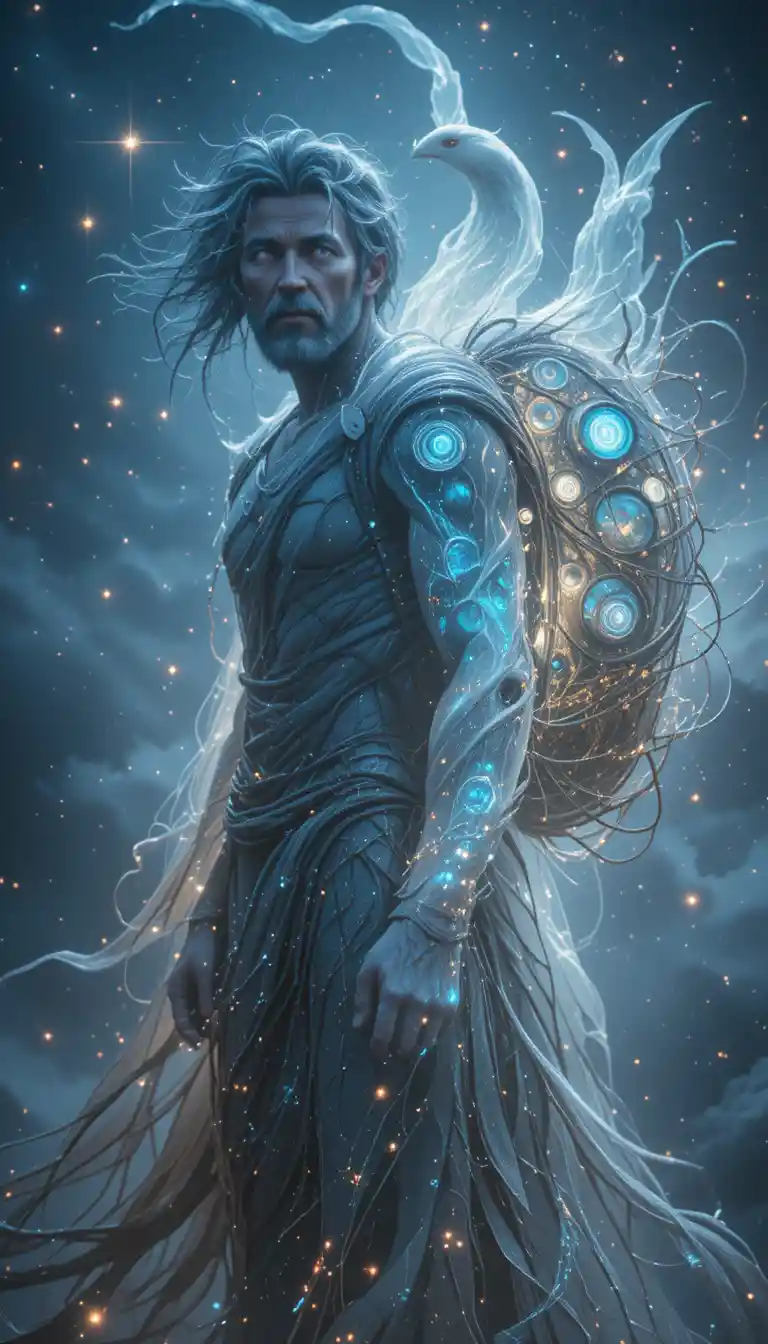 Burdened cosmic traveler carrying infinite human futures
