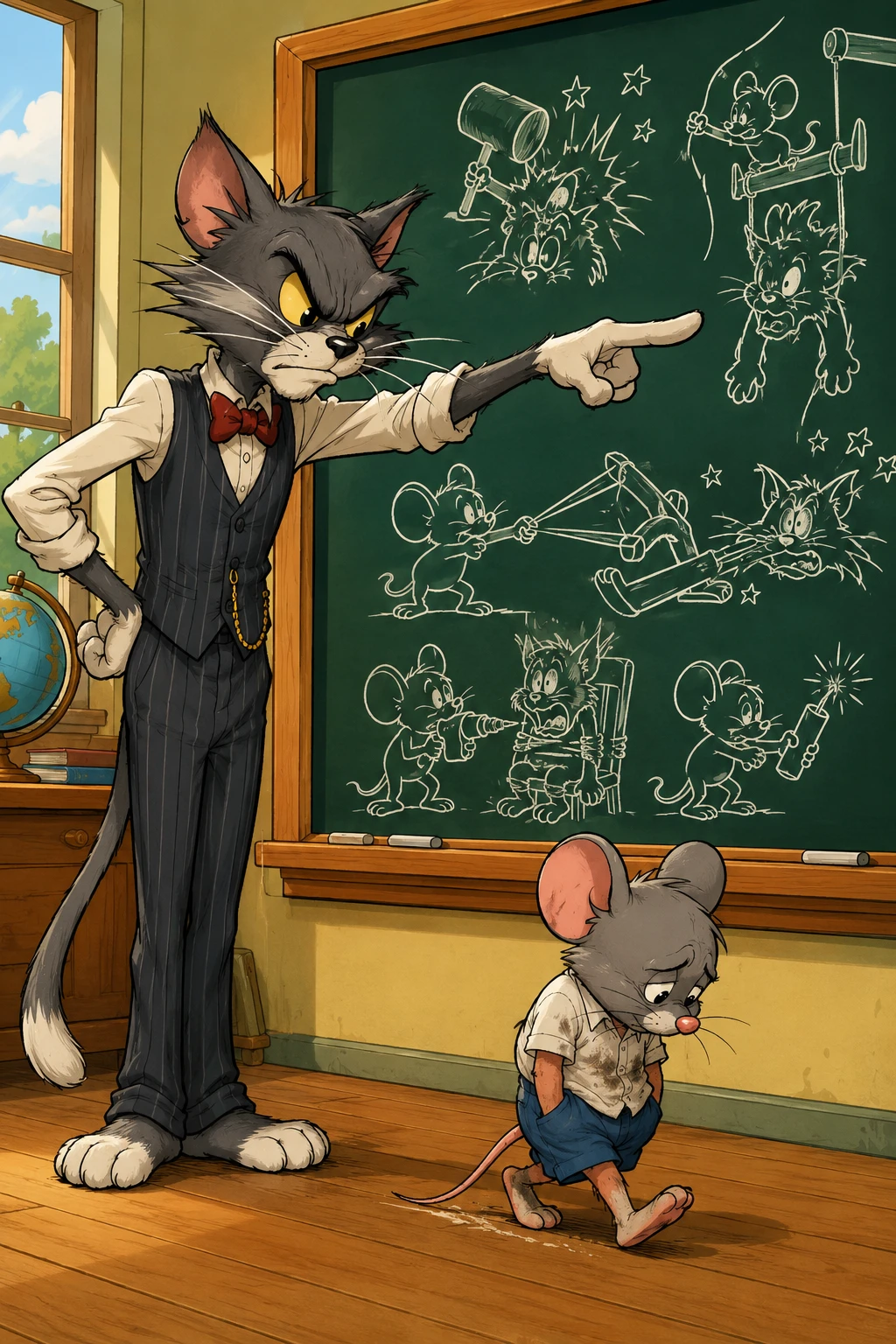 Estricto profesor gato de caricatura regañando a un ratoncito triste