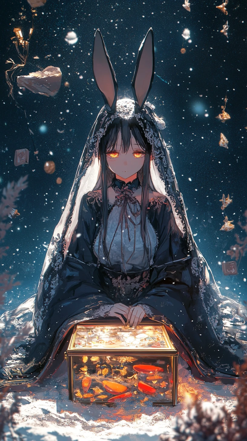 Girl beside a golden treasure case under a starry sky