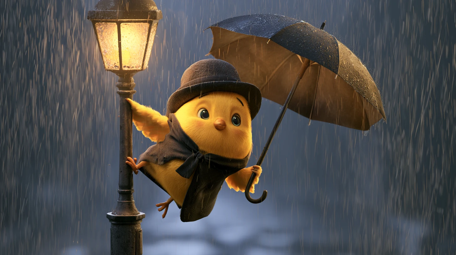 Pollito Amarillo Alegre Cantando Bajo la Lluvia en una Farola