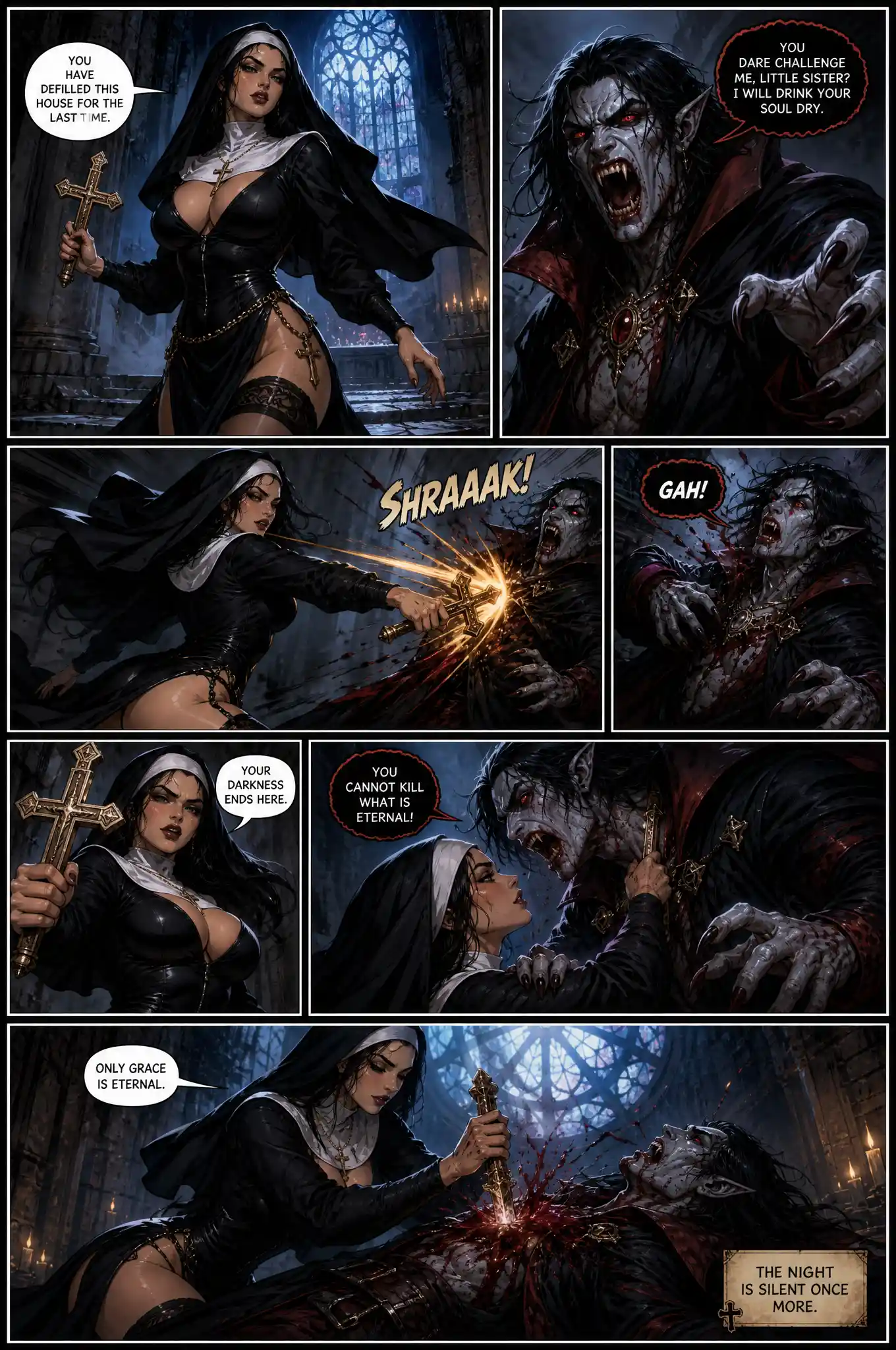 Suora seducente in lotta contro un vampiro demoniaco in tavole a fumetti