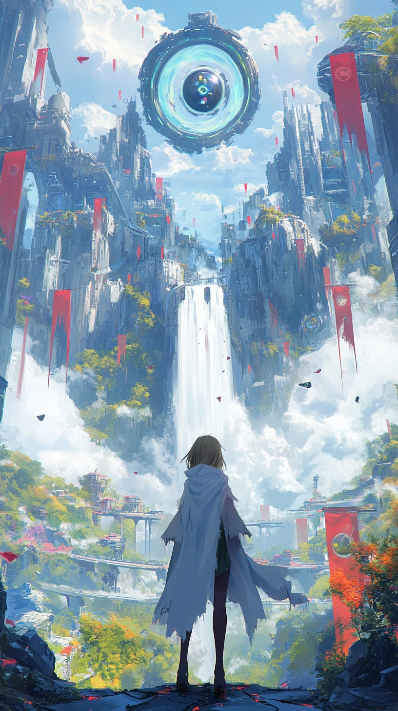 Anime girl on a bridge in a pixelated fantasy city