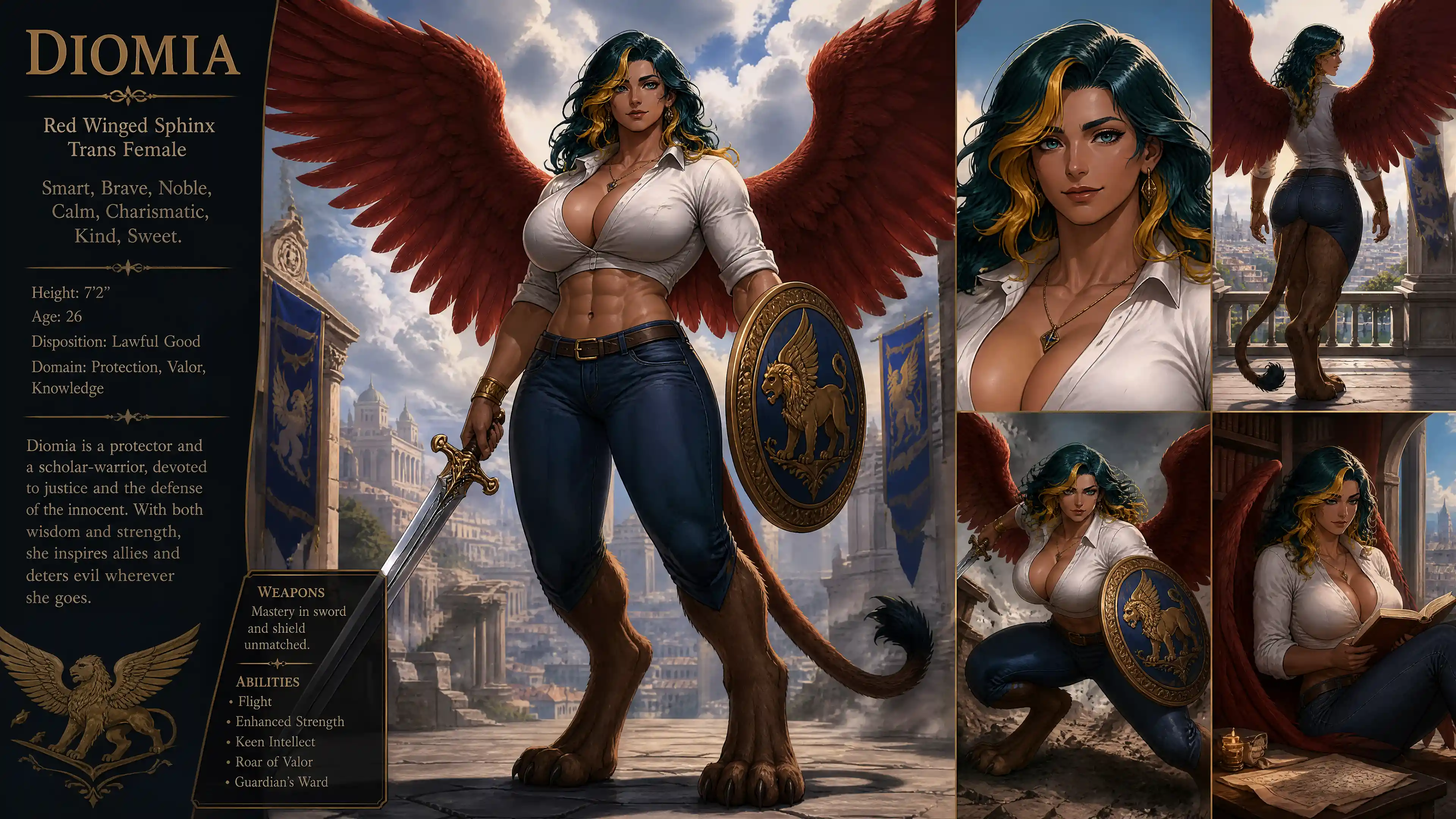 Tall red winged sphinx woman in casual shirt and jeans