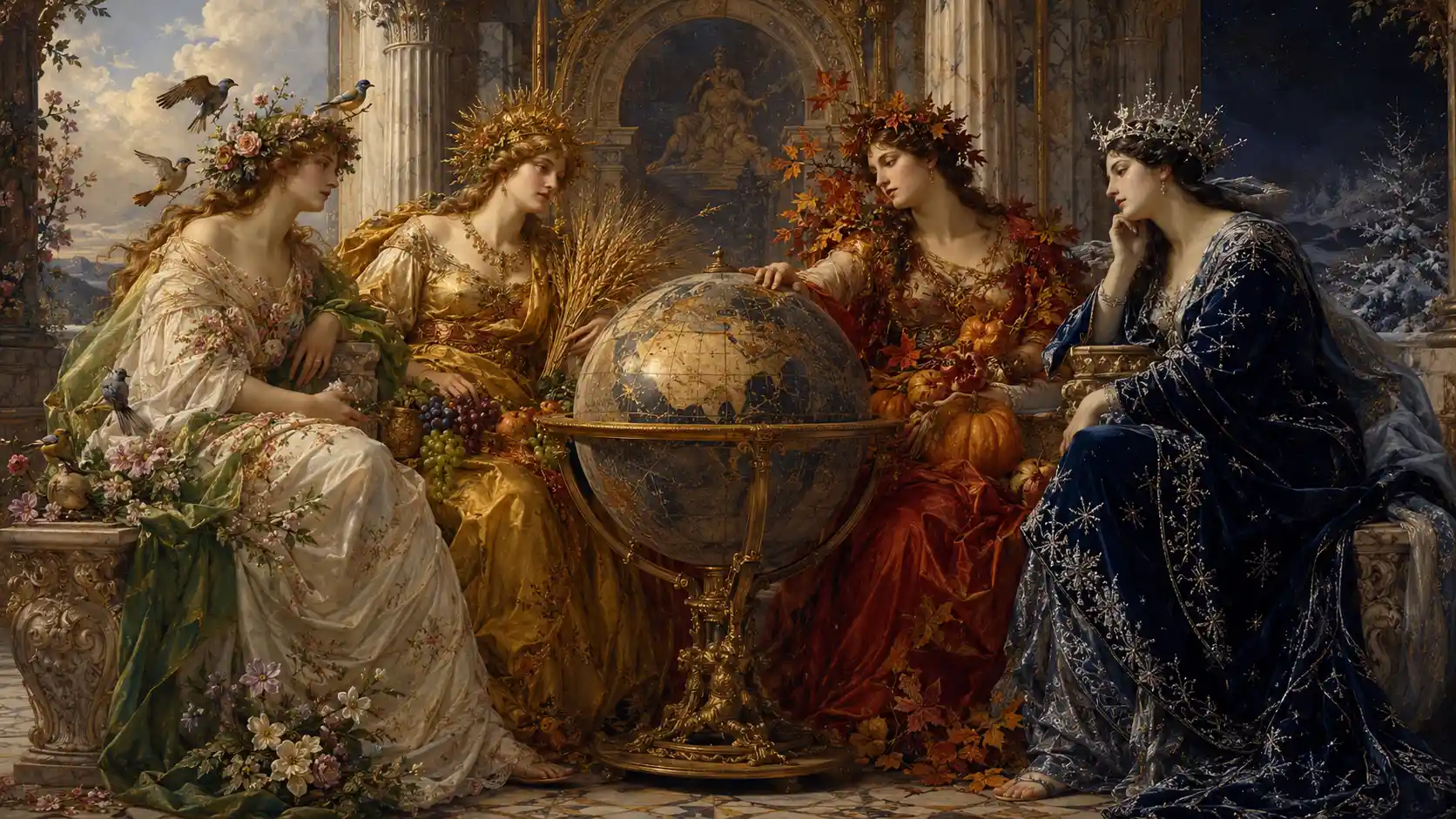 Cuatro Reinas Estacionales Alrededor de un Antiguo Globo Celeste