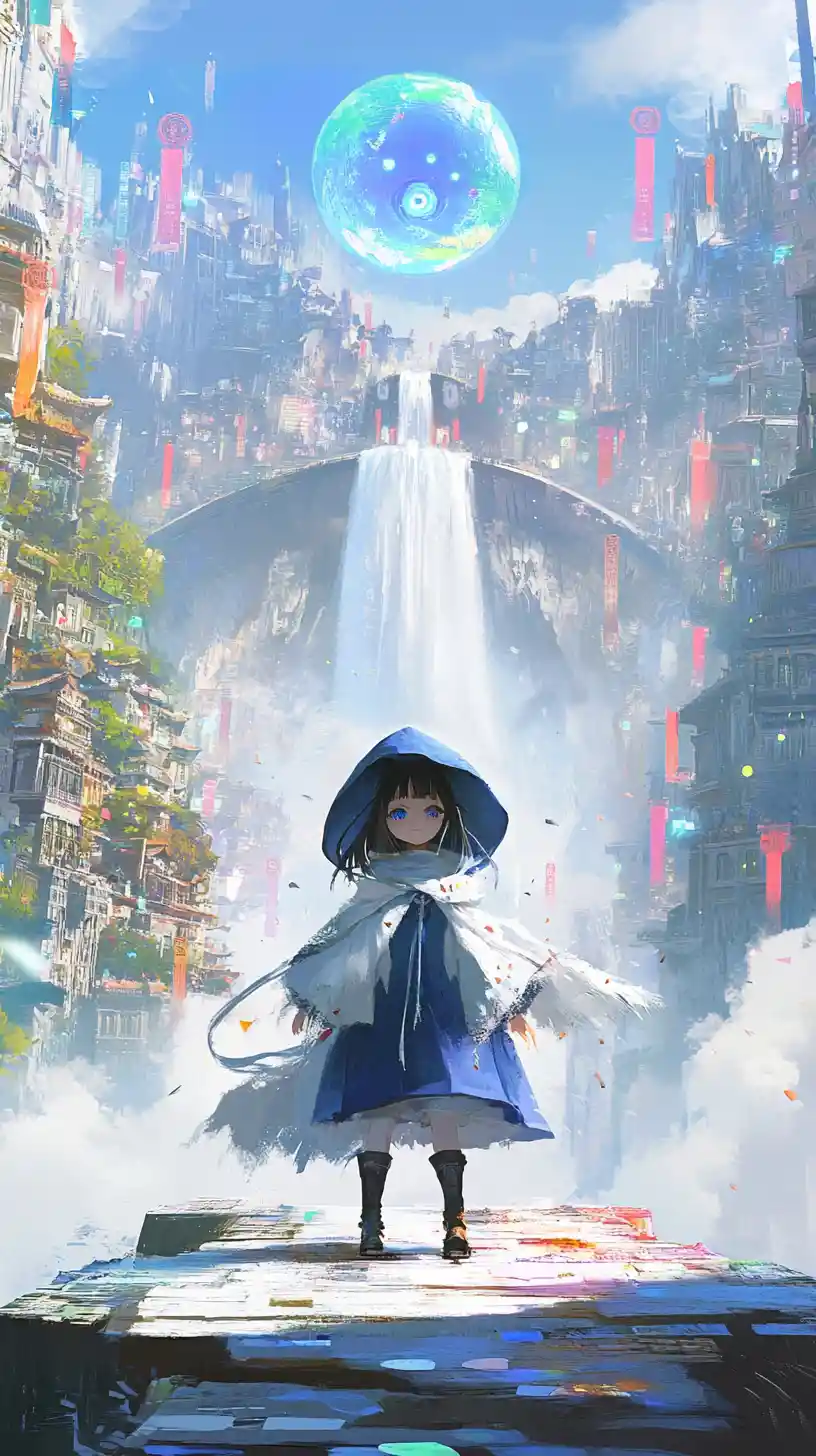 Chica anime con abrigo azul frente a ciudad fantástica pixelada