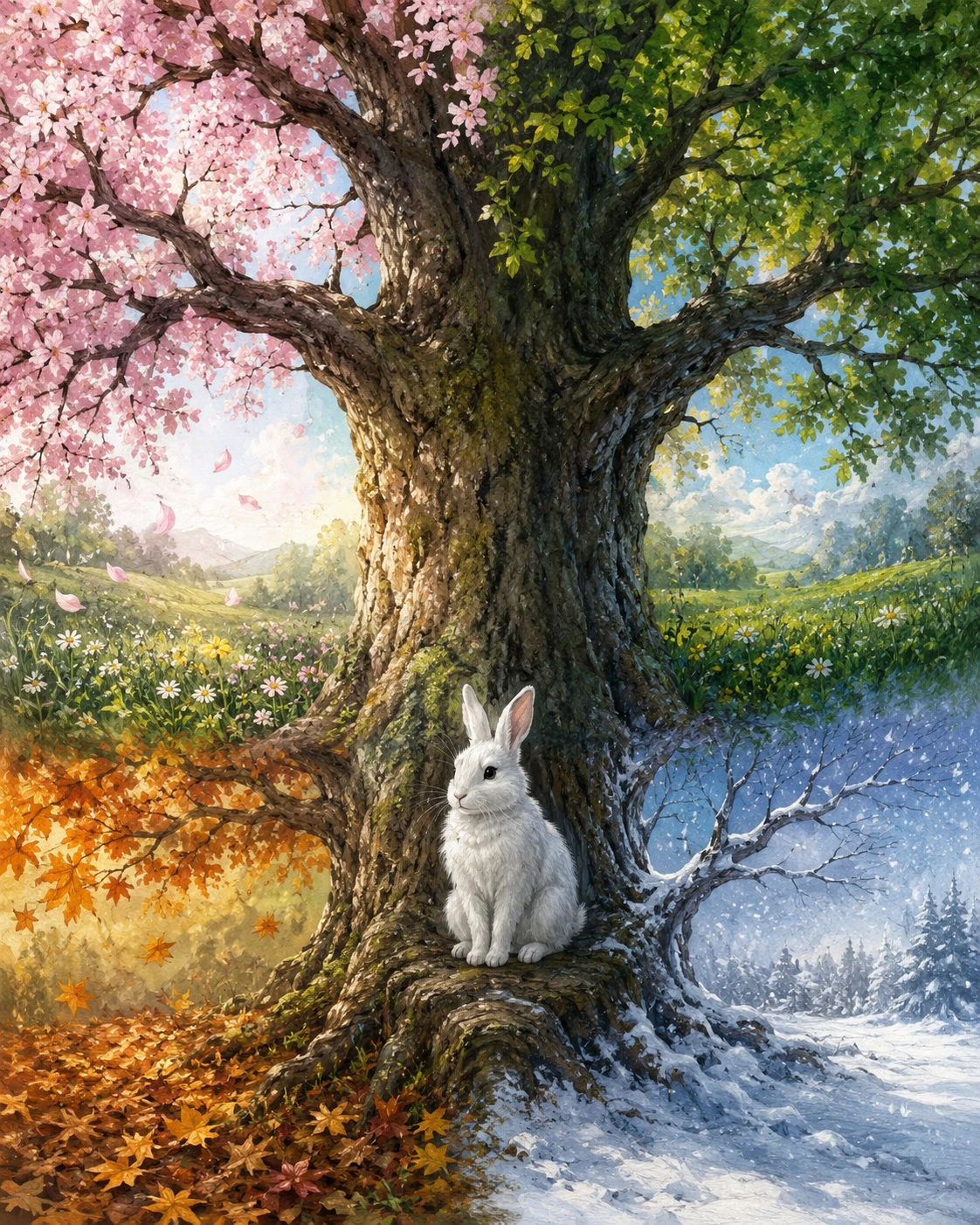 Conejo blanco bajo un árbol antiguo en estaciones cambiantes