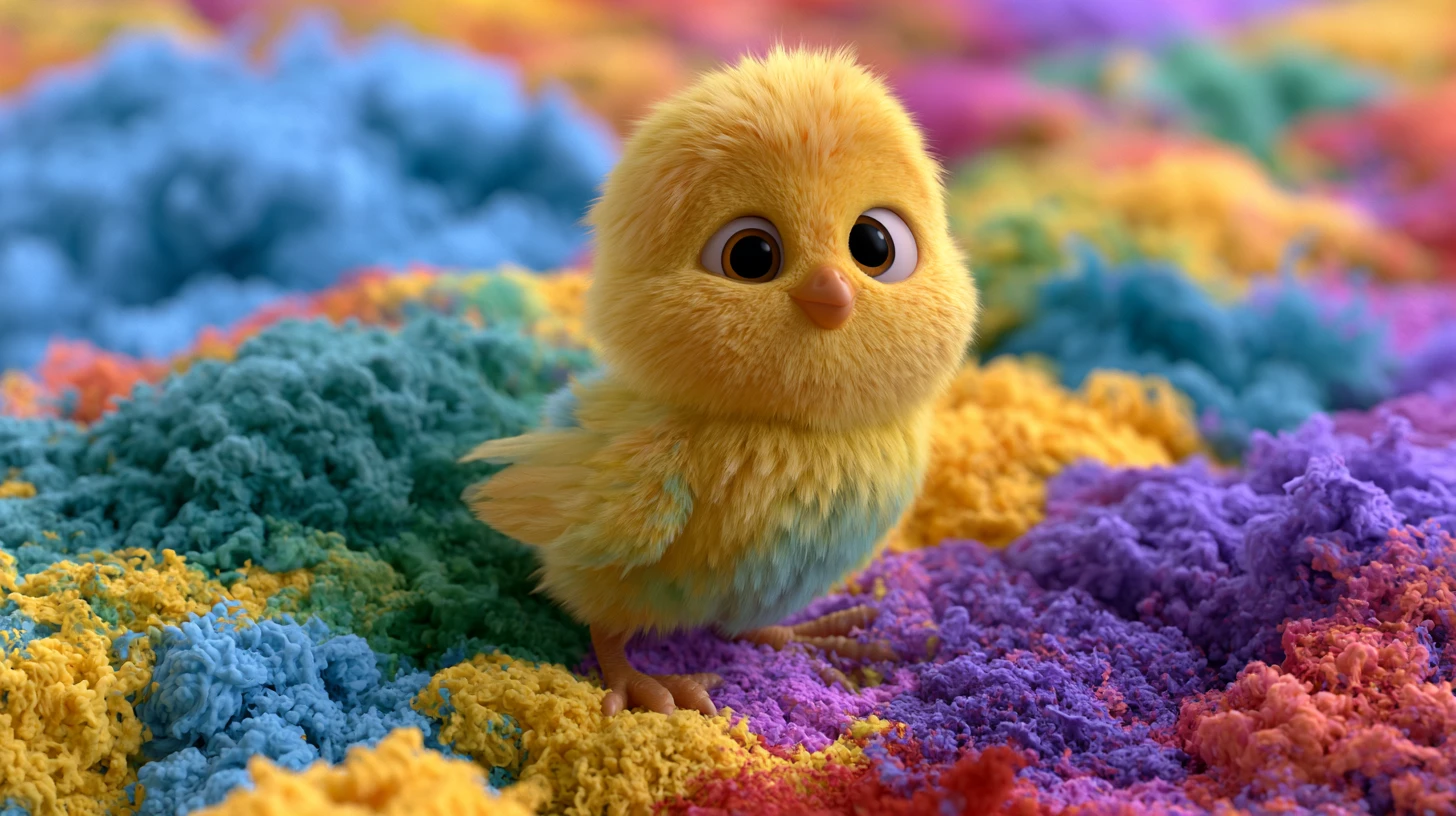 Lindo pollito amarillo rodeado de nubes de polvo de colores