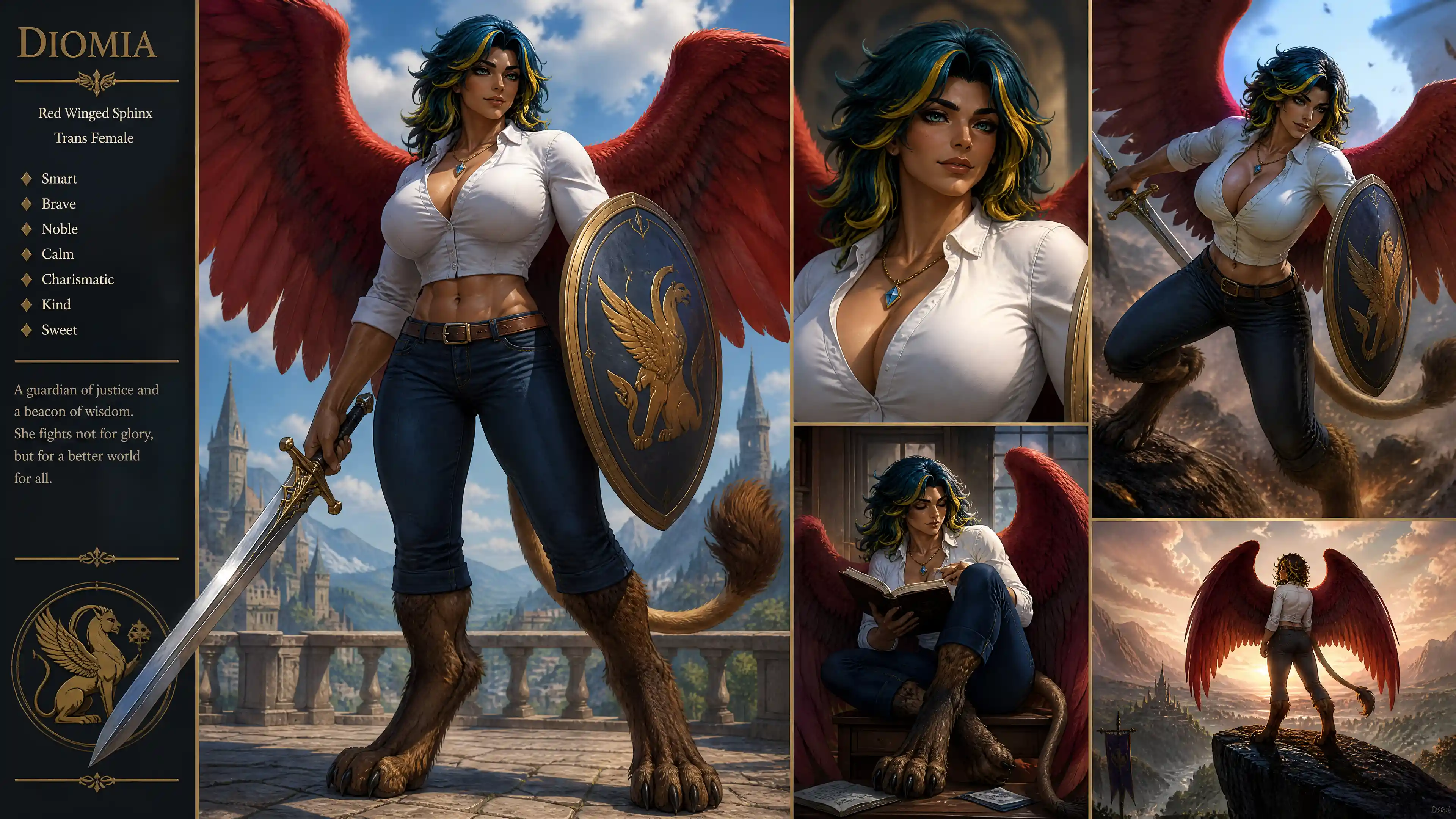 Tall red winged sphinx woman in casual shirt and jeans