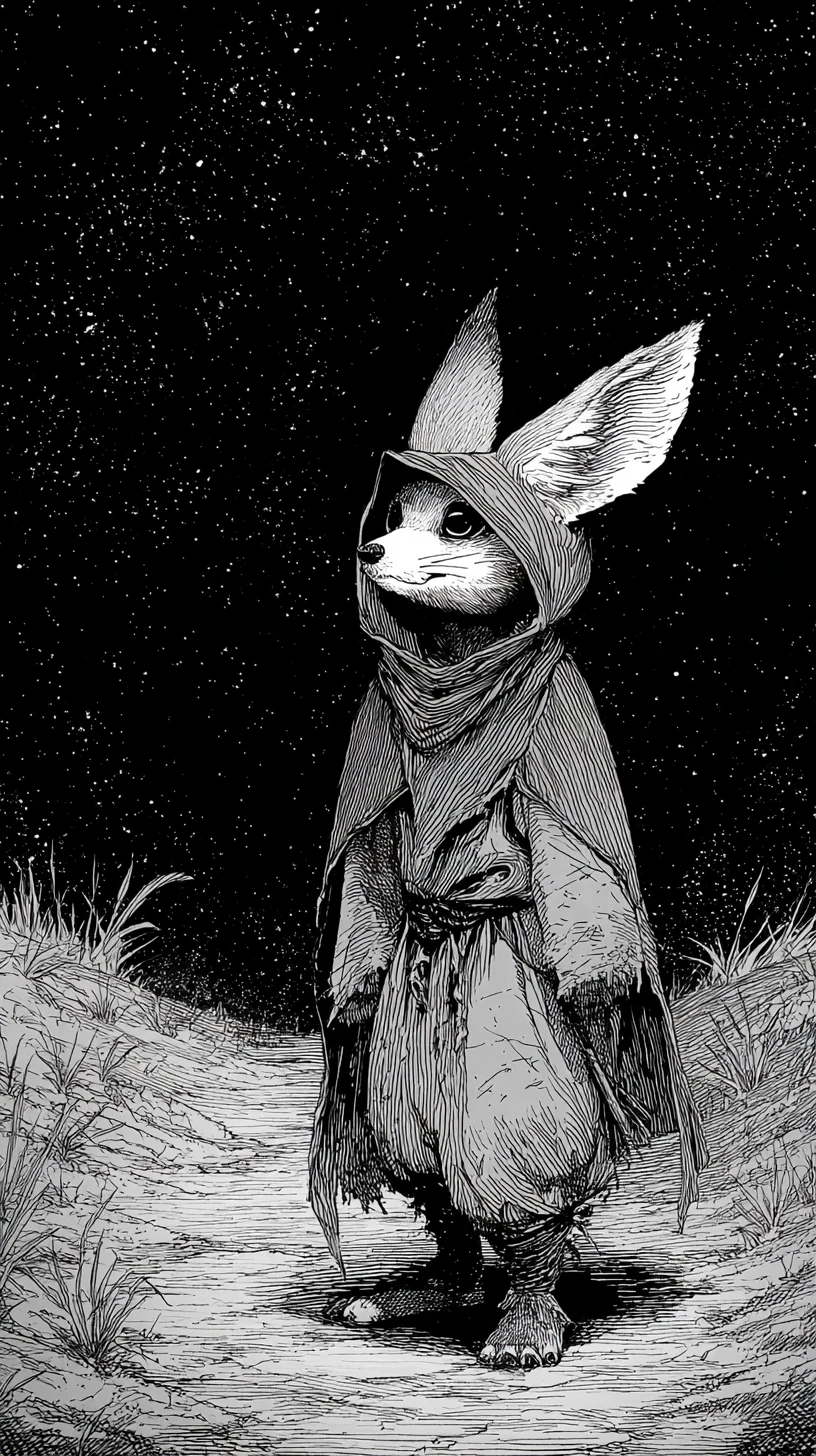 Anthropomorphic fennec fox wanderer on a lonely night path