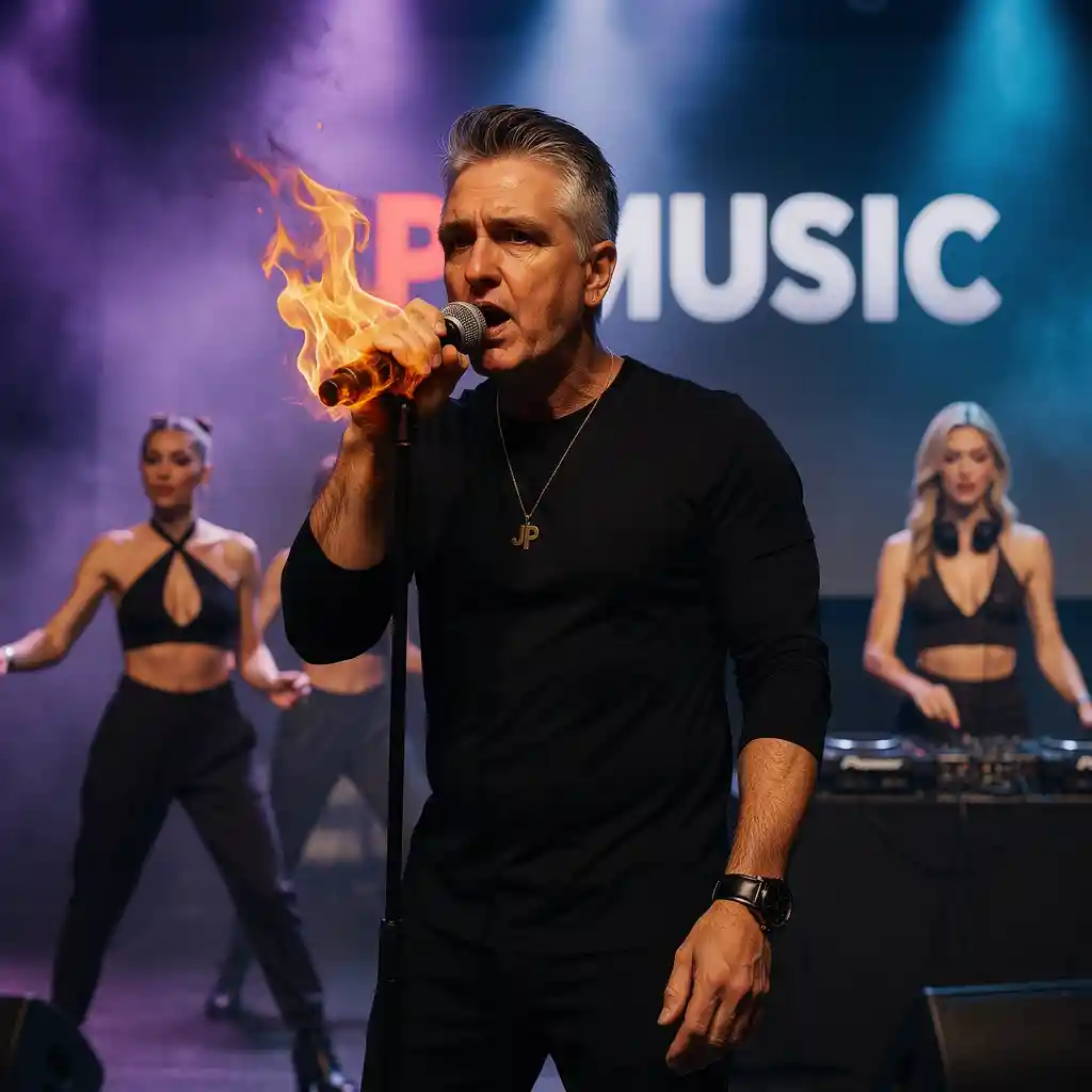 Cantante actuando con fuerza en el escenario con micrófono en llamas
