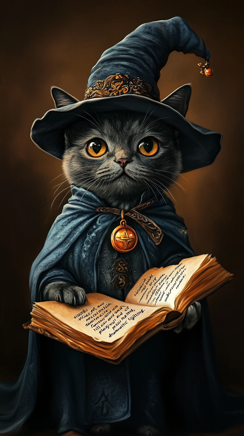 Ilustración de gato mago con capa y sombrero puntiagudo