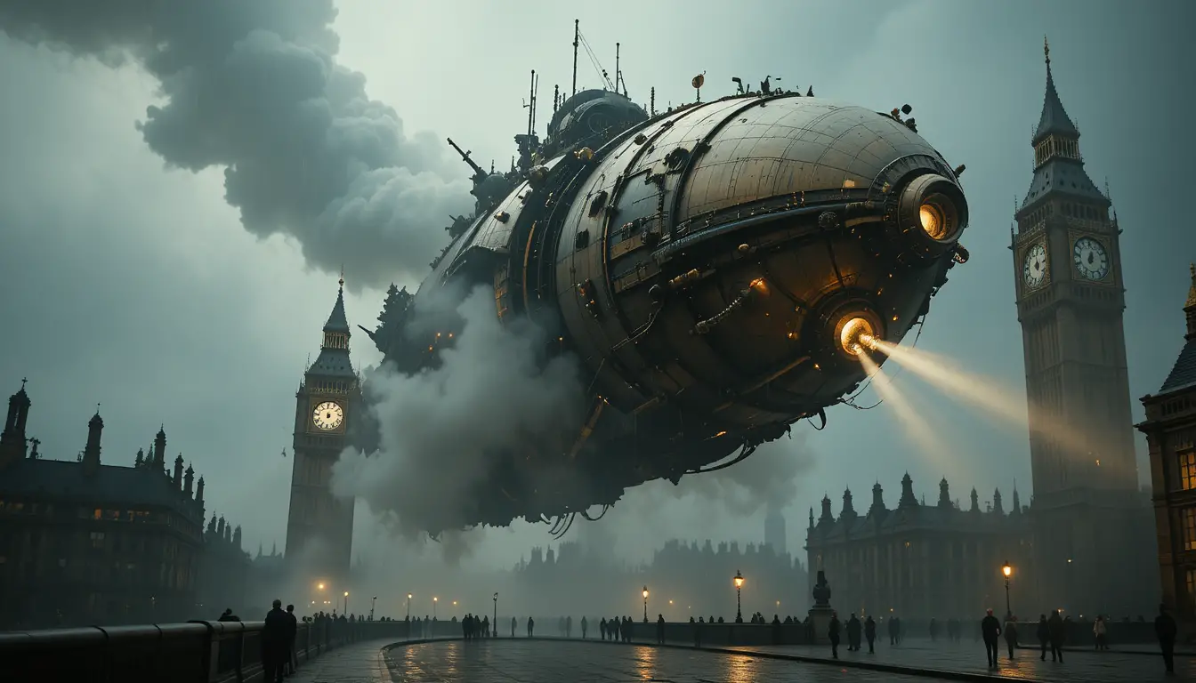 Colossal steampunk alien airship above misty Victorian London
