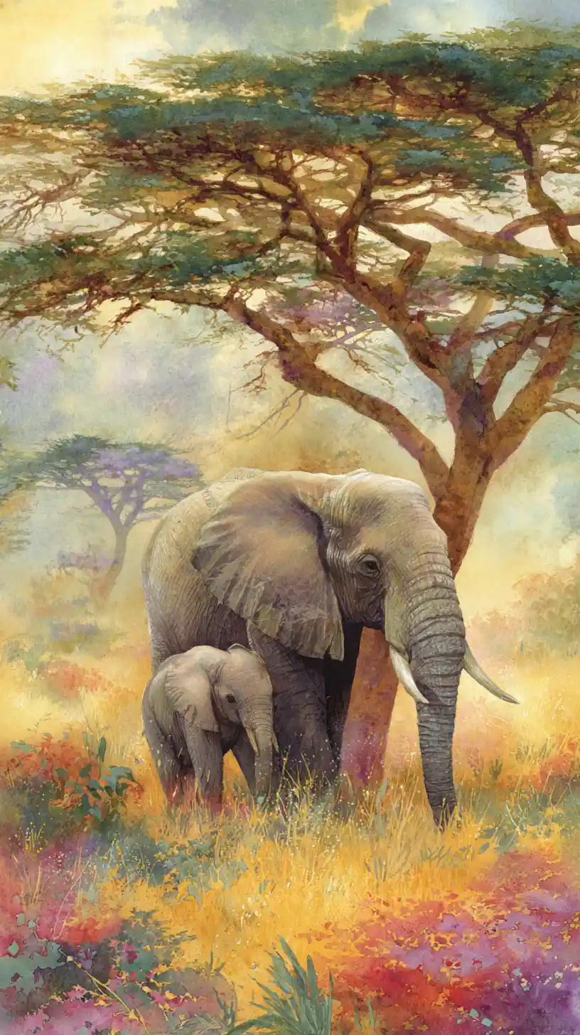 Madre elefante e cucciolo sotto un'acacia illuminata dal sole