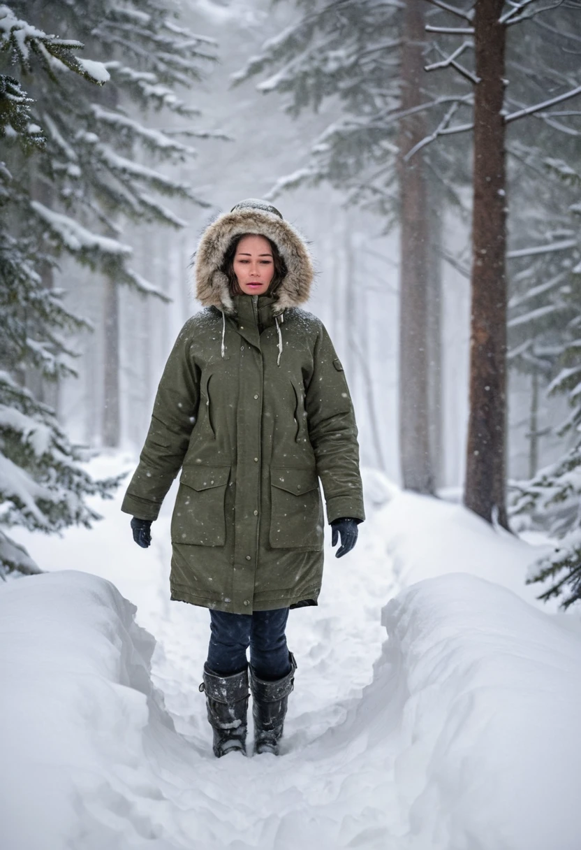 Mujer con parka gruesa caminando por un bosque de nieve profunda