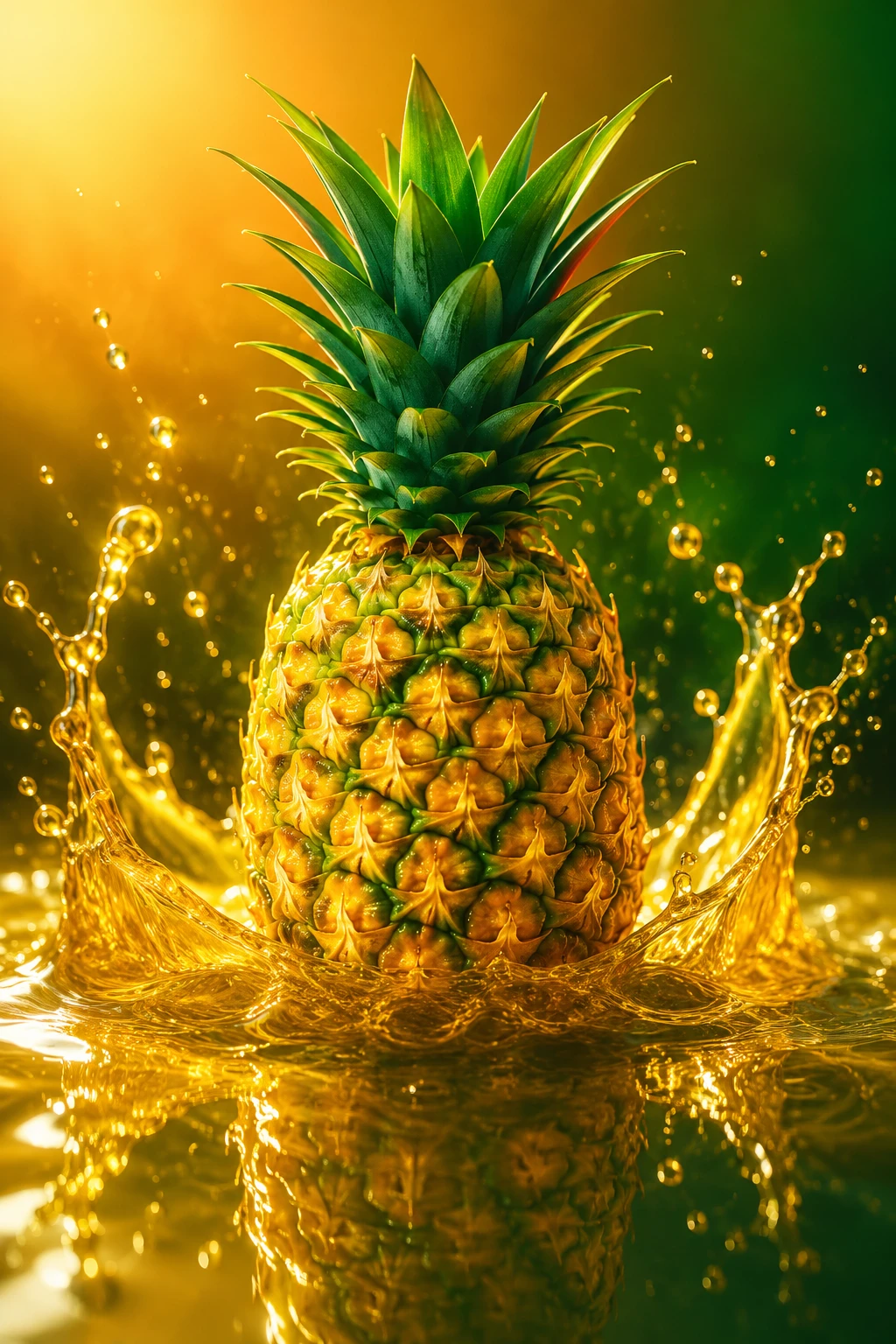 Piña vibrante flotando sobre superficie líquida colorida