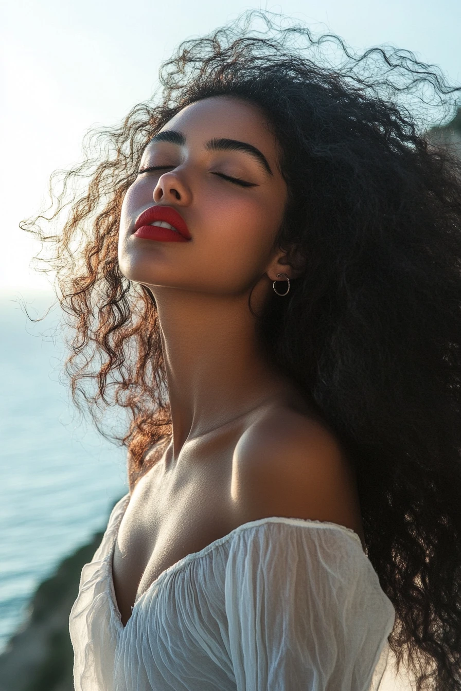 Mujer elegante contemplando un tranquilo horizonte mediterráneo