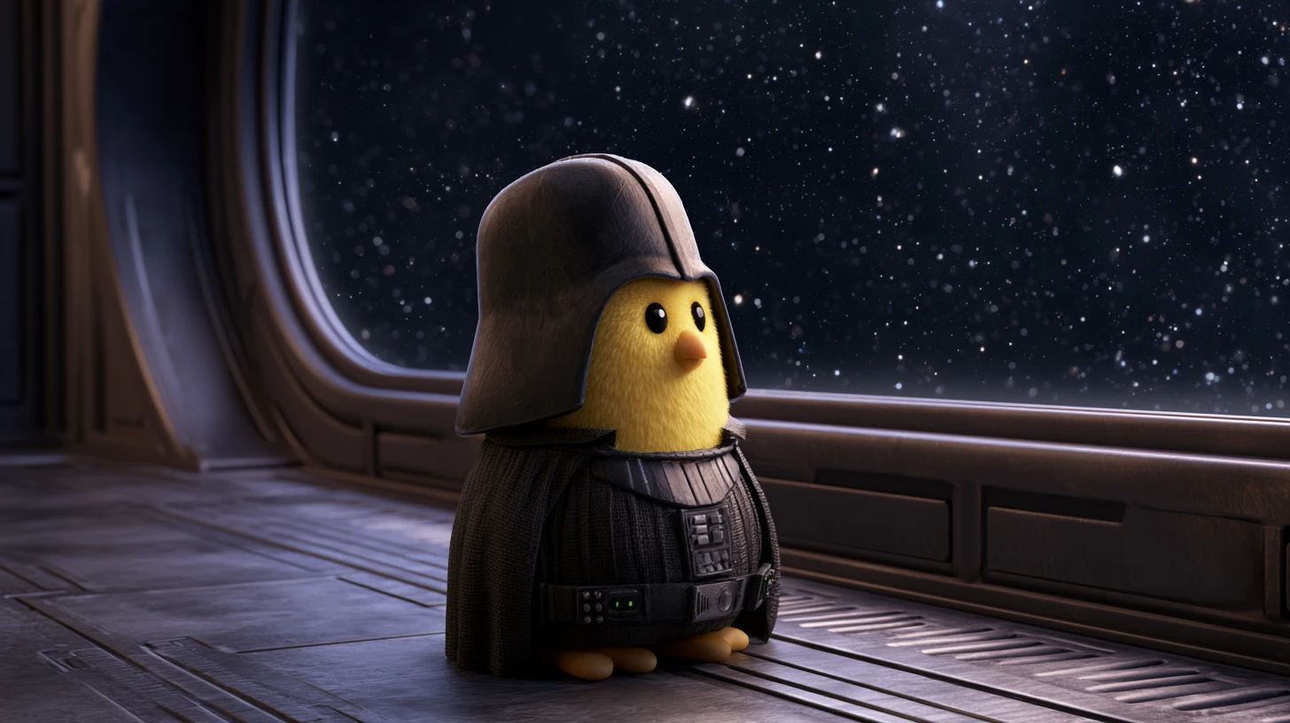 Cute yellow chicken in a tiny space villain costume