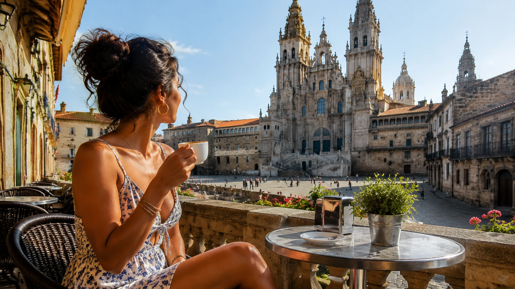 Mujer española en una cafetería con terraza cerca de la catedral de Santiago