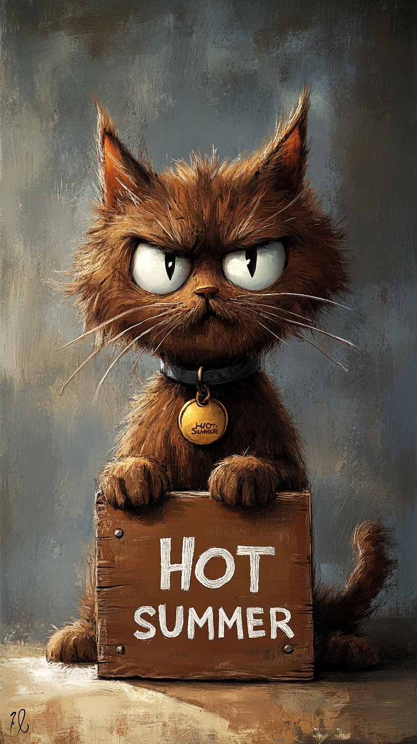 Gato caricaturesco desaliñado con letrero de madera caliente en el estudio