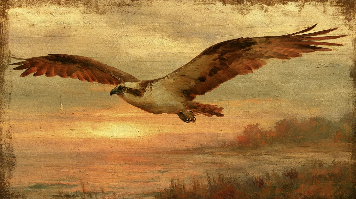 Águila pescadora elevándose sobre el océano al atardecer resplandeciente