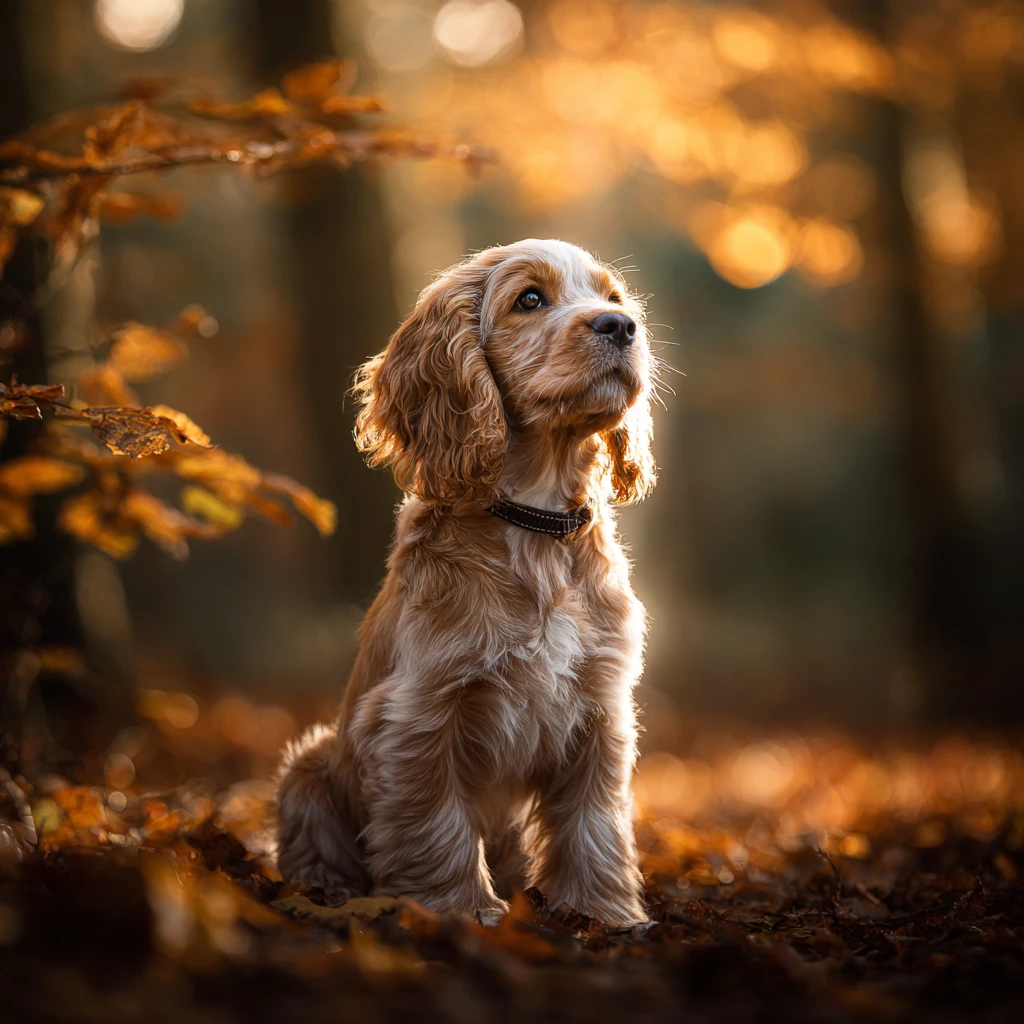 Cachorro cocker spaniel en la cálida luz del bosque otoñal