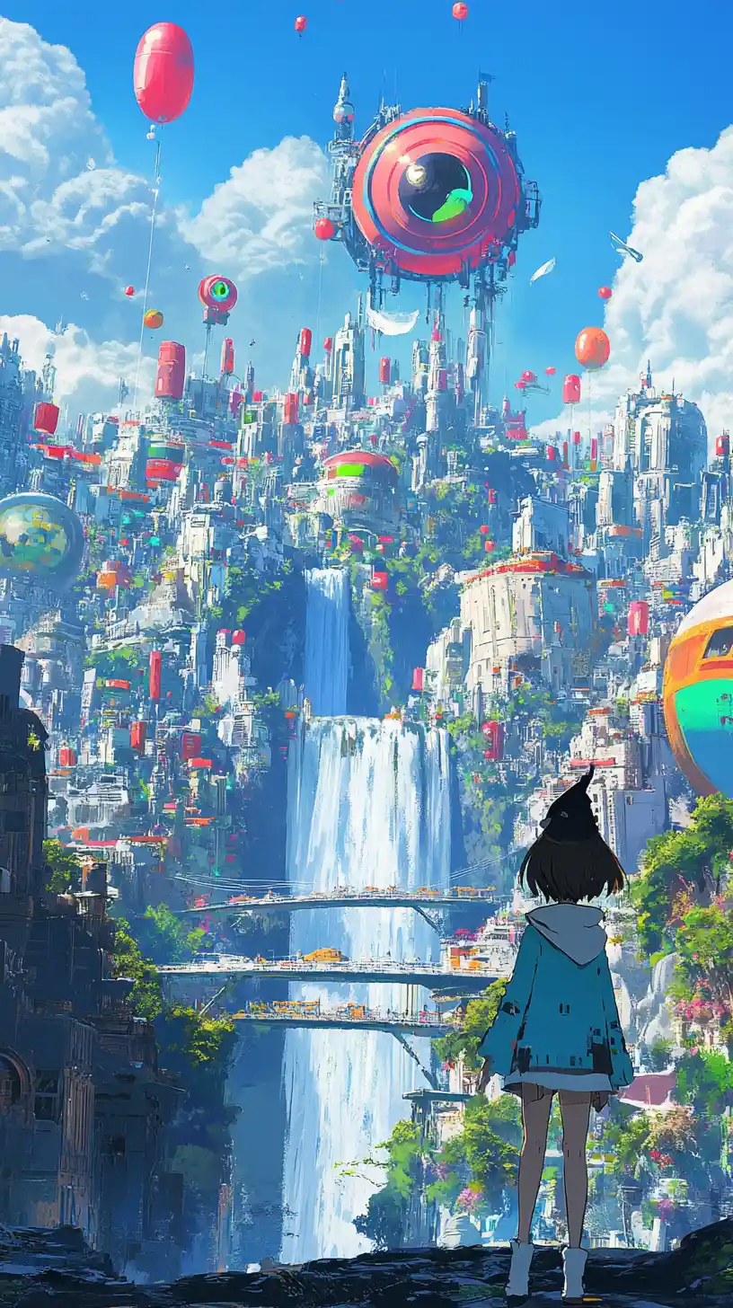 Ragazza anime con cappotto blu di fronte a una città fantasy pixelata