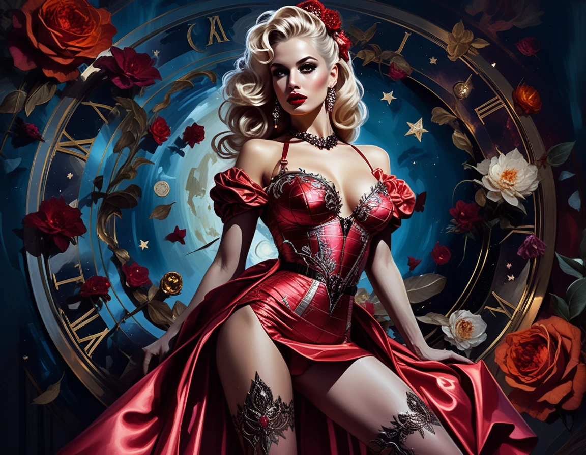 Mujer pin up rubia con vestido y tacones de aguja