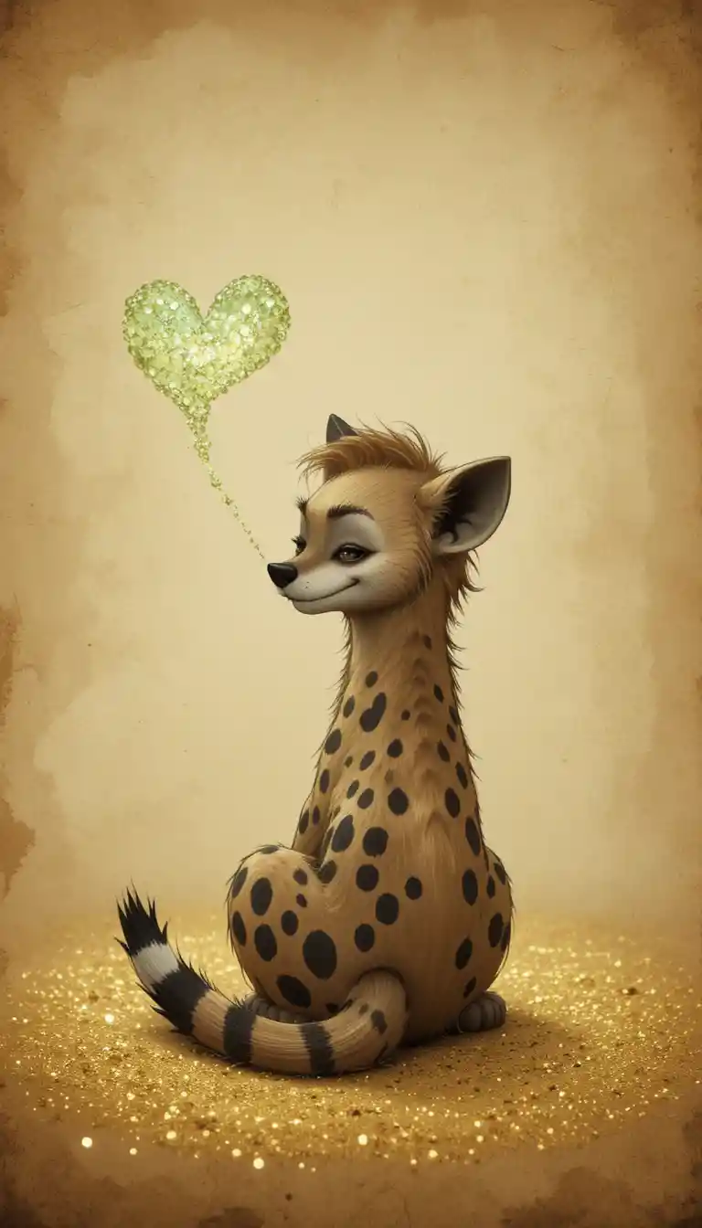 Playful hyena with glowing heart shaped glitter cloud