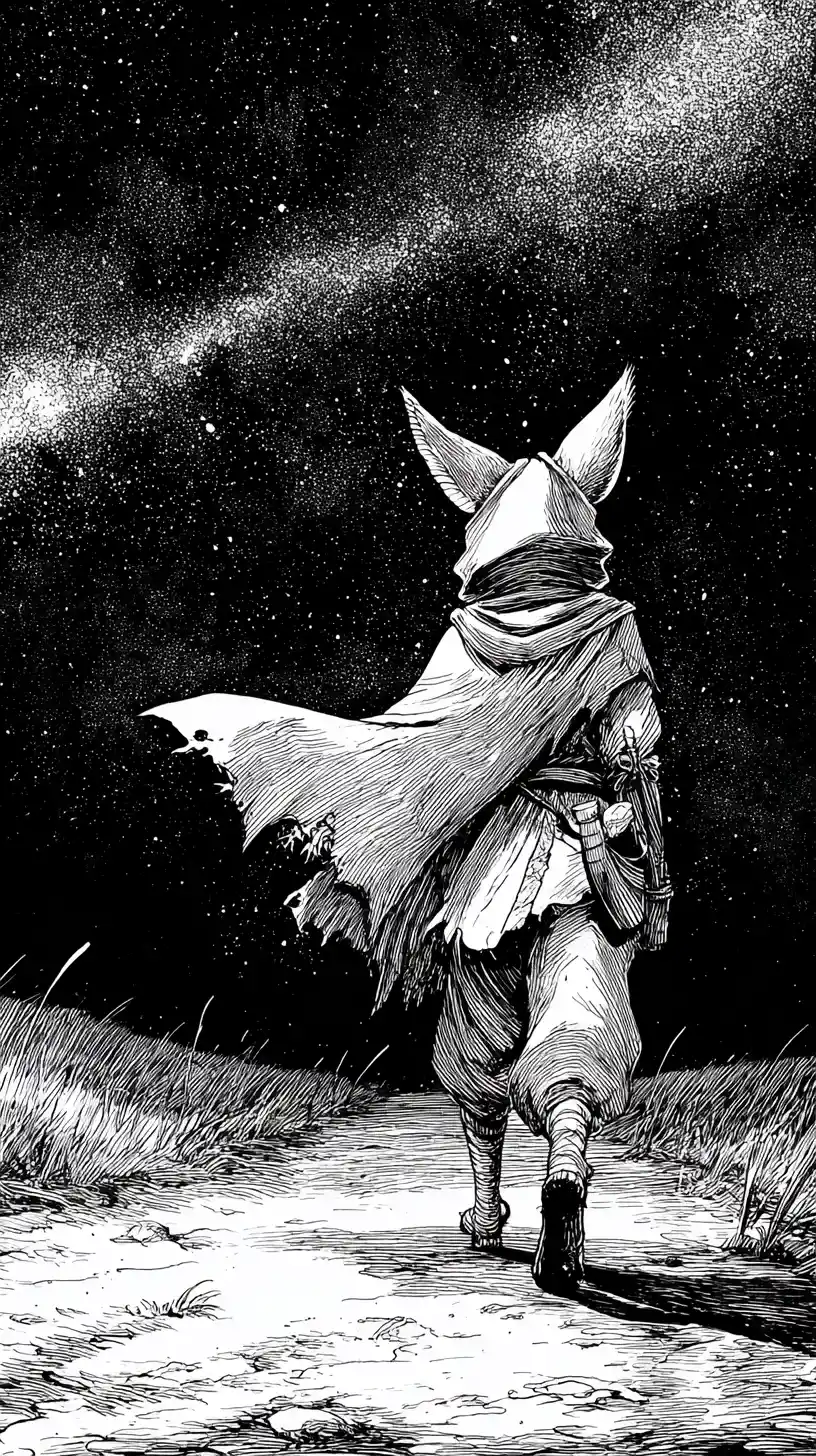 Zorro fénec antropomórfico vagabundo bajo un cielo nocturno estrellado
