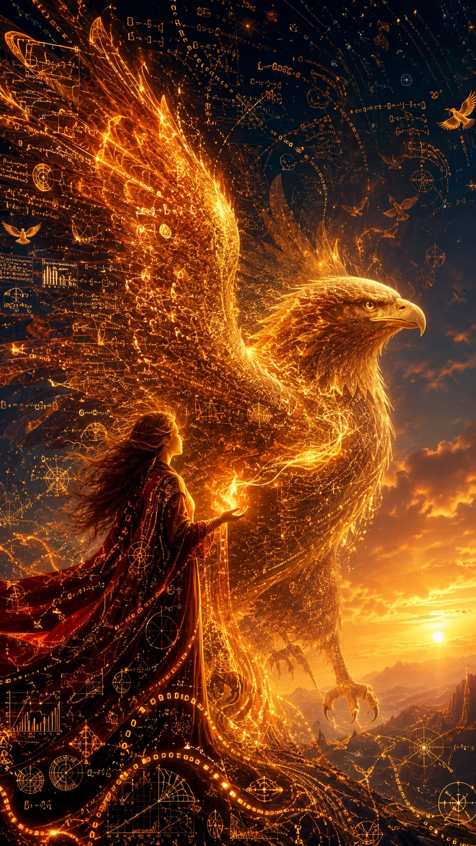 Fire mage with golden data eagle at sunrise