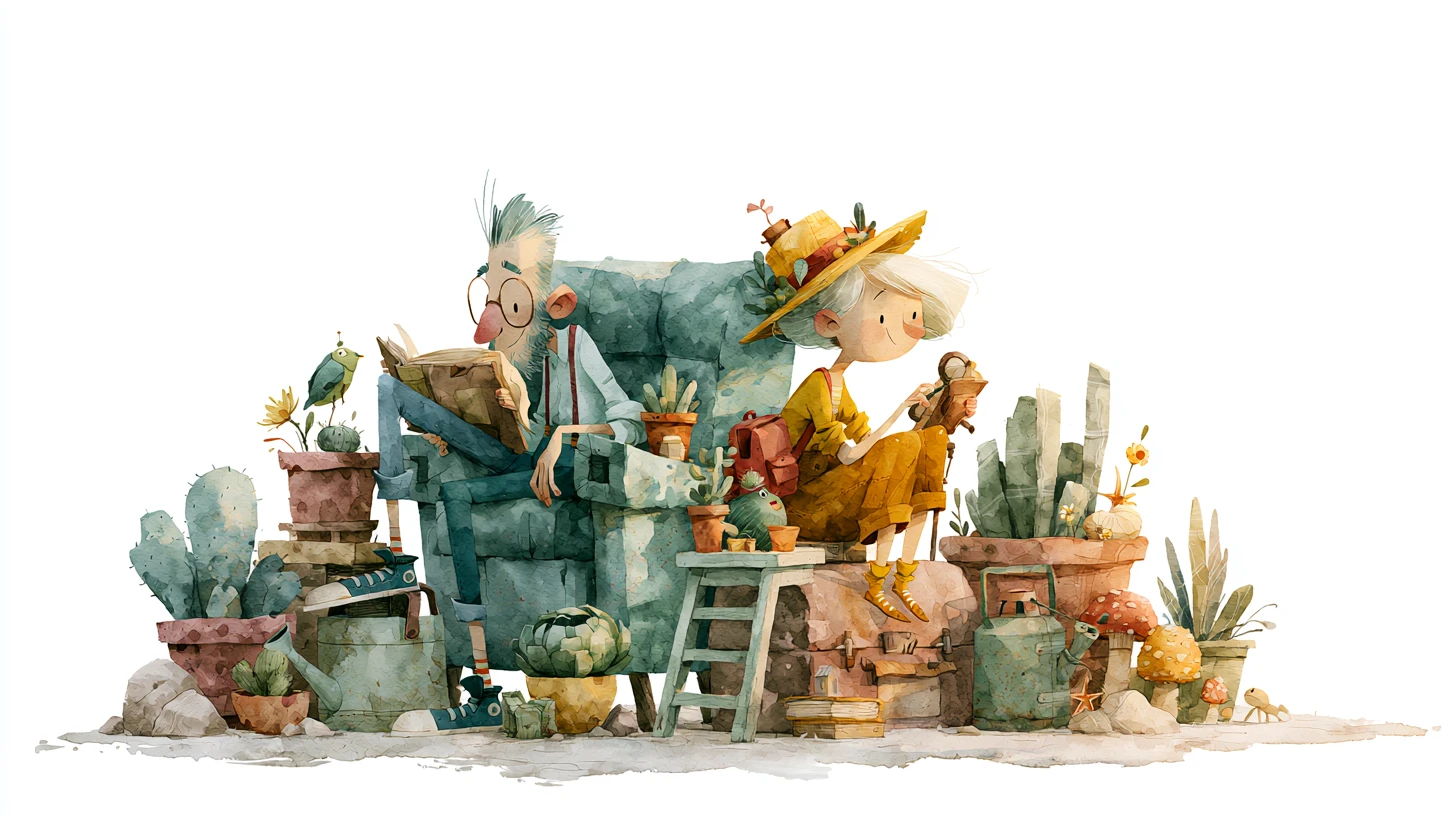 Watercolor illustration of two quirky friends in playful poses