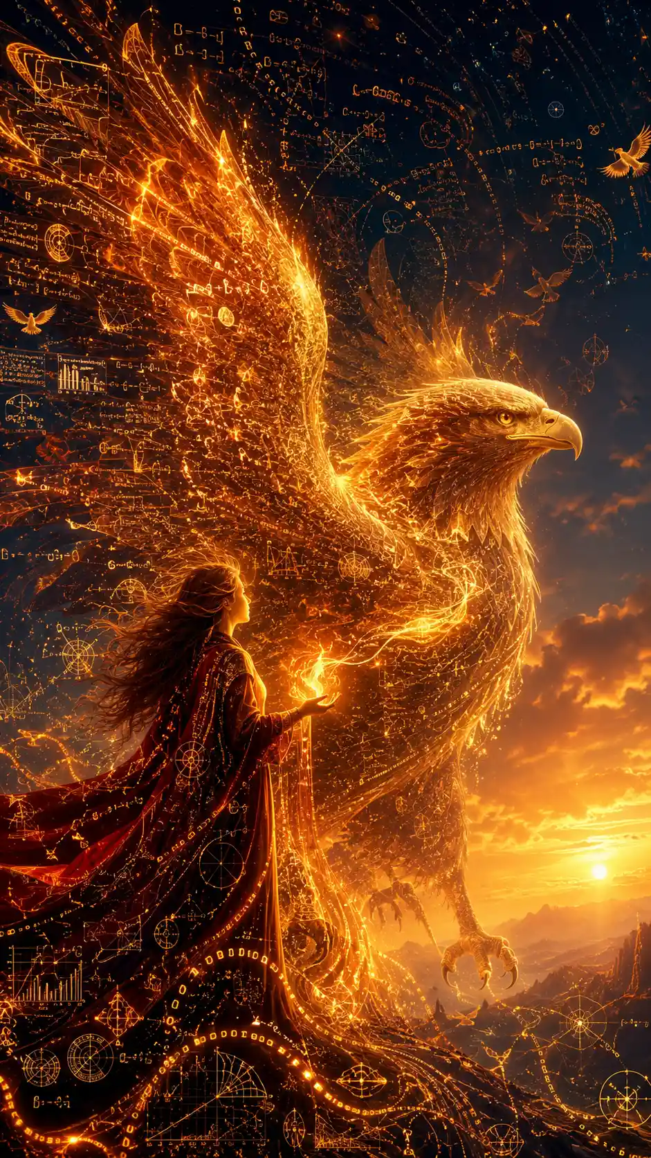 Fire mage with golden data eagle at sunrise