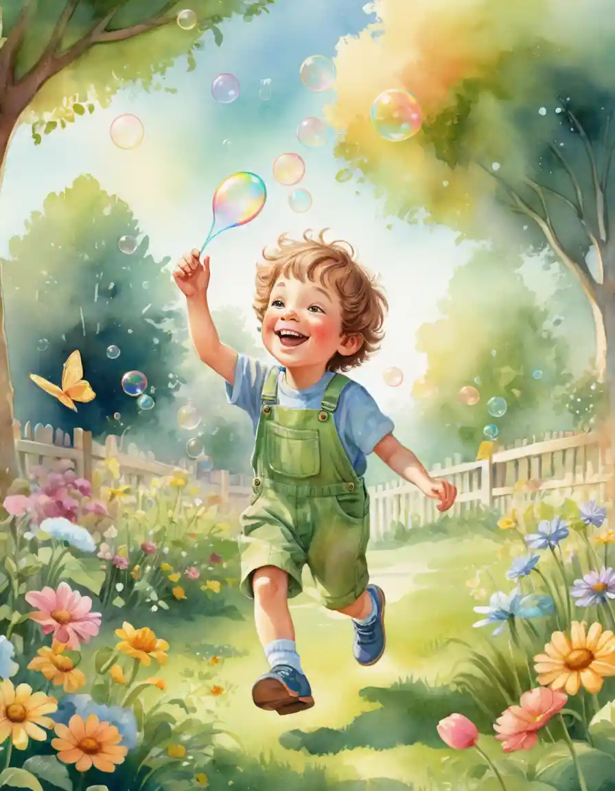 Niño pequeño soplando burbujas en un jardín soleado de acuarela