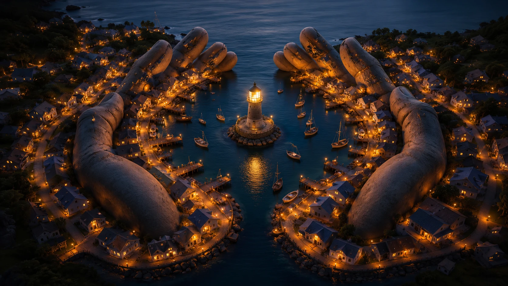 Apacible pueblo costero con puerto que forma manos protectoras al atardecer