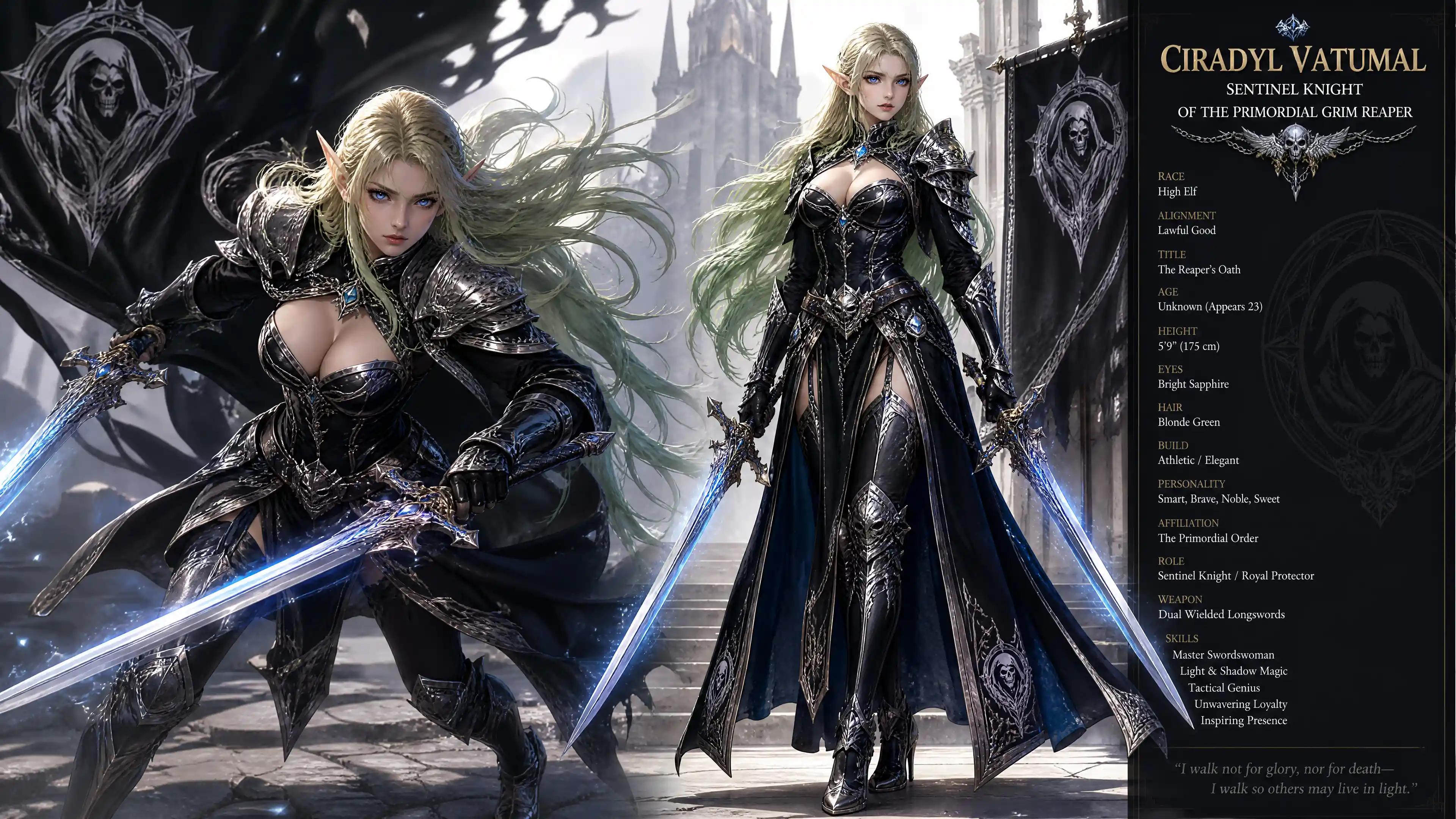 Noble elf warrior woman with dual longswords in armor