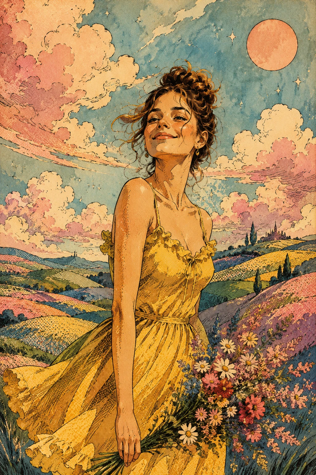 Chica sonriente en un paisaje onírico surrealista de cómic vintage