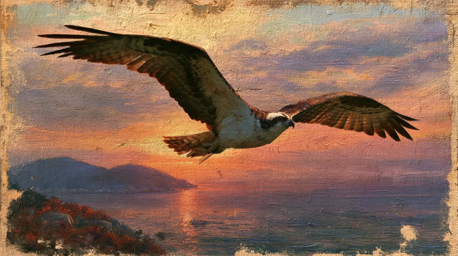 Falco pescatore che sorvola l’oceano sotto un cielo di tramonto luminoso