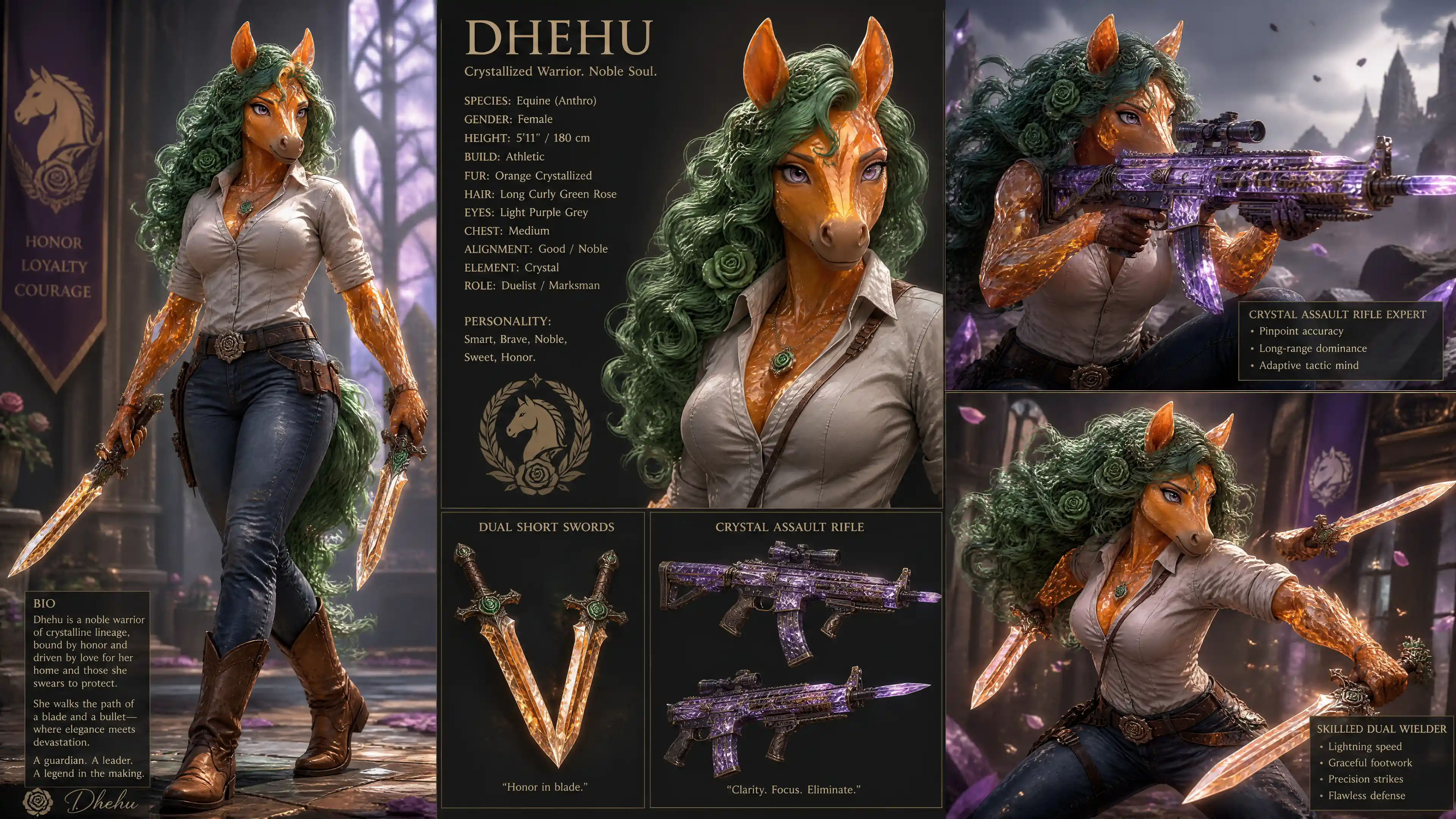 Brave crystal fur warrior woman with swords and rifle