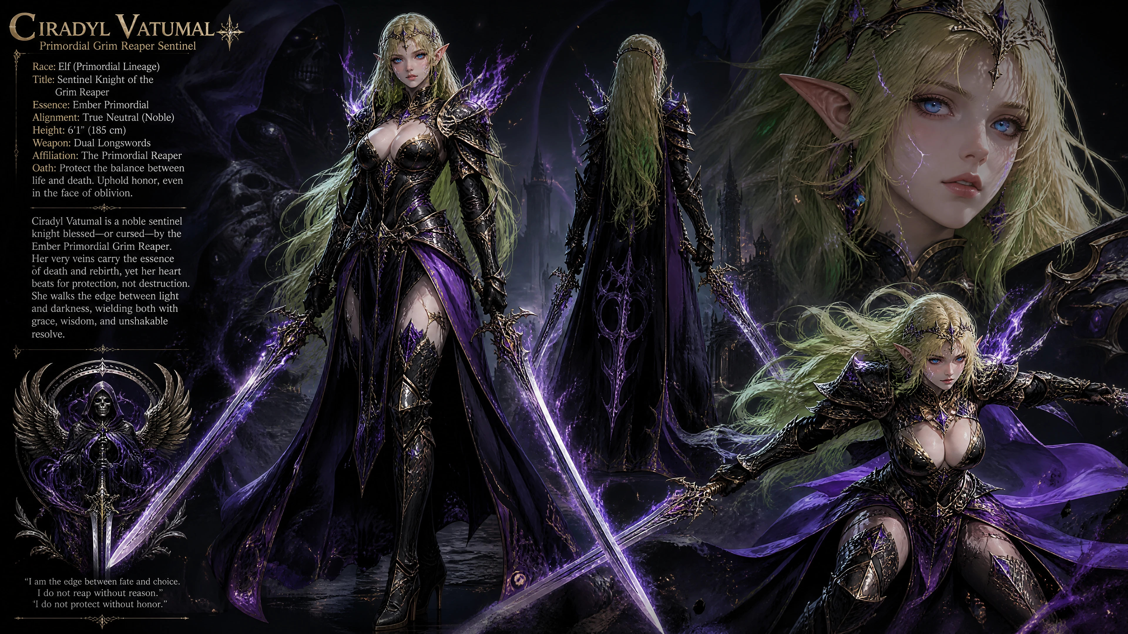 Noble guerrera elfa con dos espadas largas y armadura