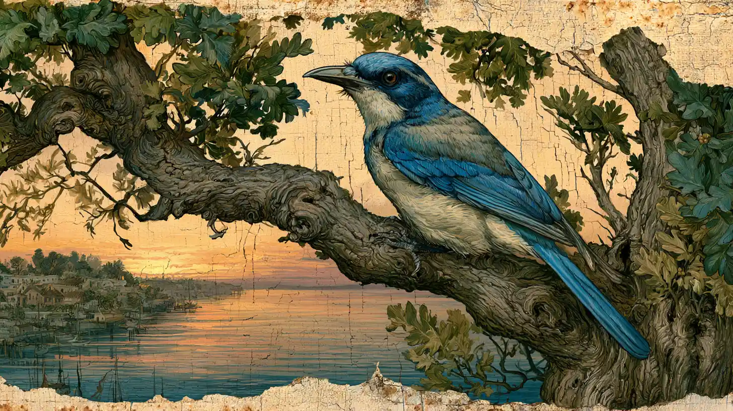 Ghiandaia azzurra su un ramo di quercia in un dipinto a olio art nouveau