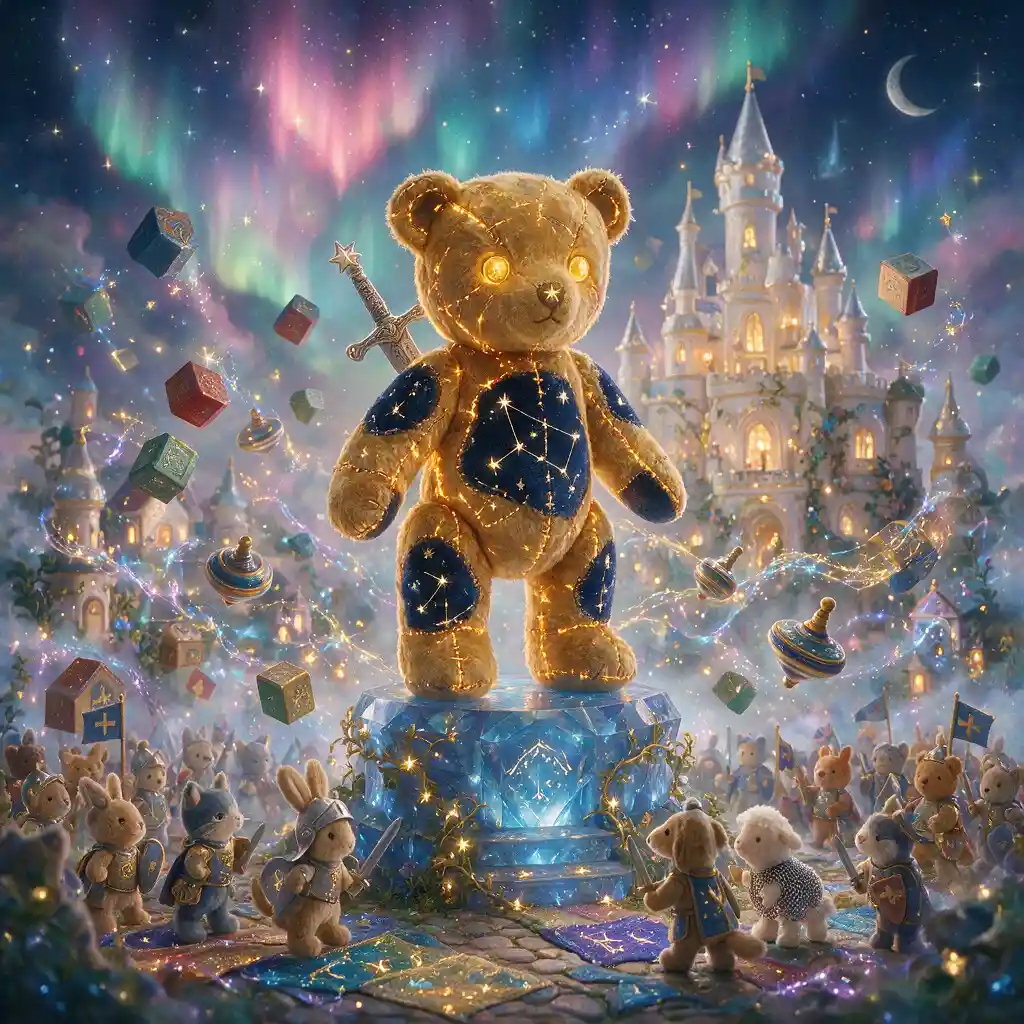 Ourson en peluche héroïque gardien sur un piédestal de cristal lumineux