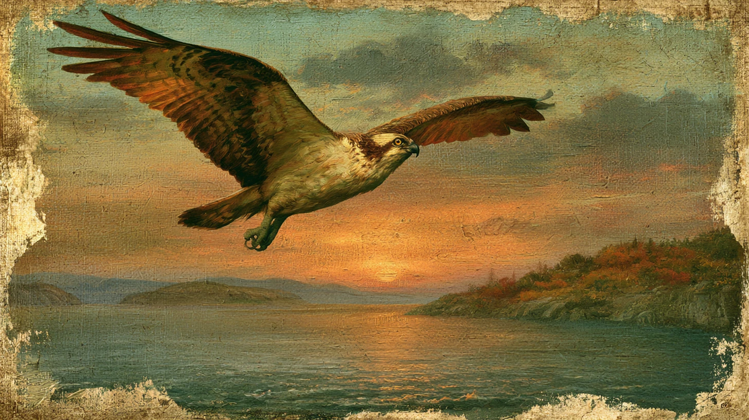 Osprey soaring above the ocean at a glowing sunset