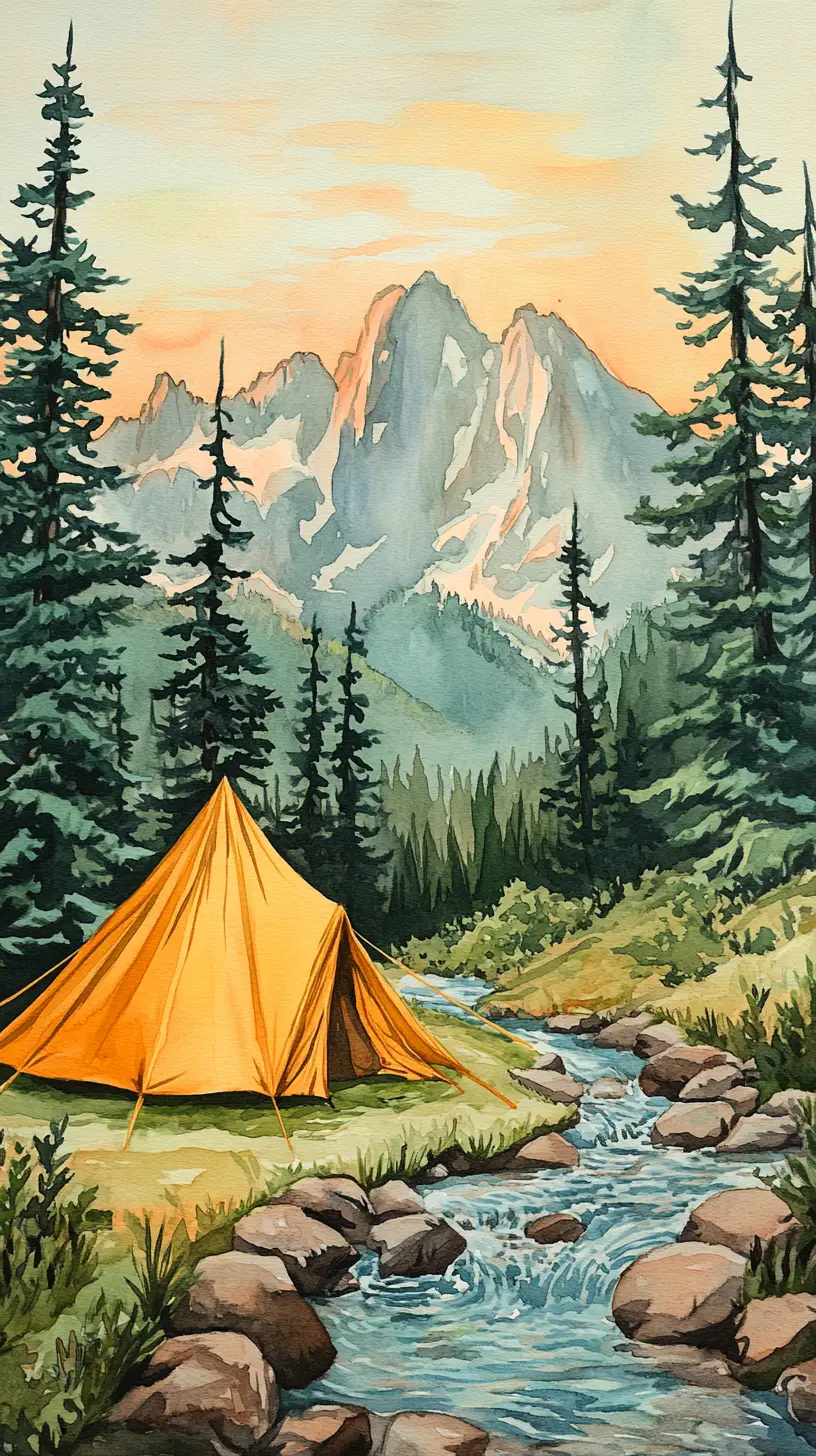 Cozy riverside tent in a tranquil mountain sunrise scene