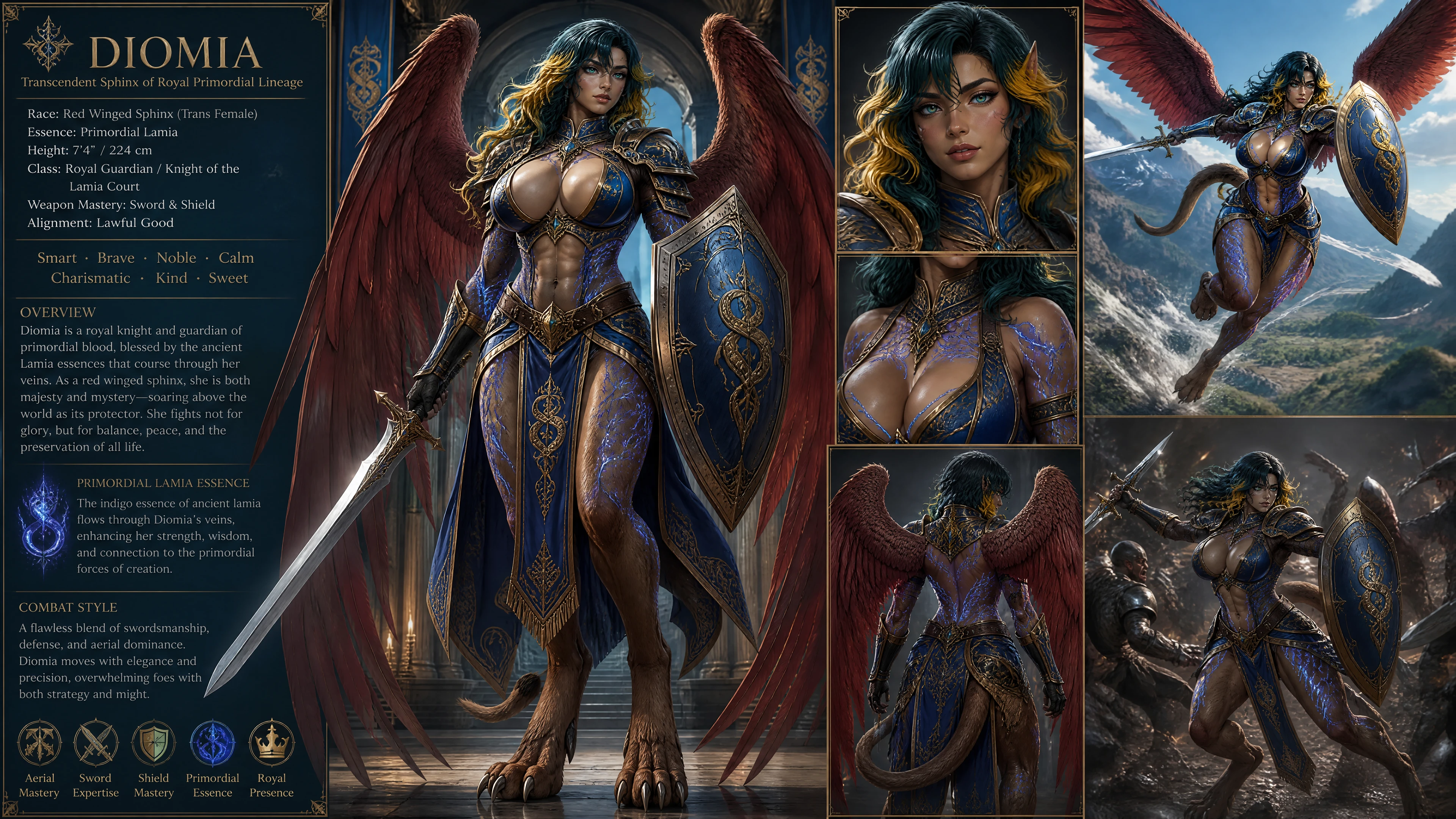 Tall red winged sphinx warrior woman in knight uniform